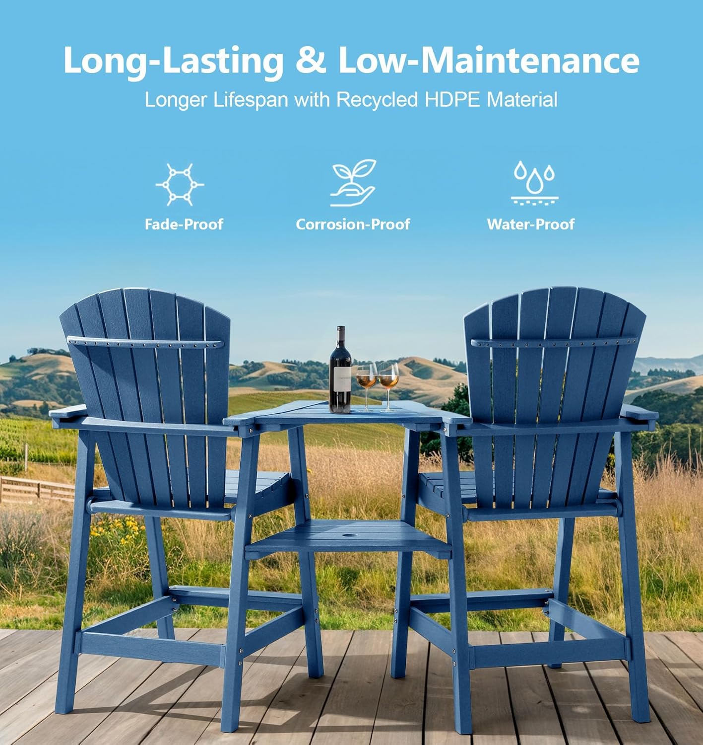 PASAMIC Tall Adirondack Chairs Set of 2, All-Weather HDPE Patio Chairs with Double Connecting Trays, Bar Height Heavy-Duty Outdoor Chairs for Garden, Backyard, Balcony, Blue