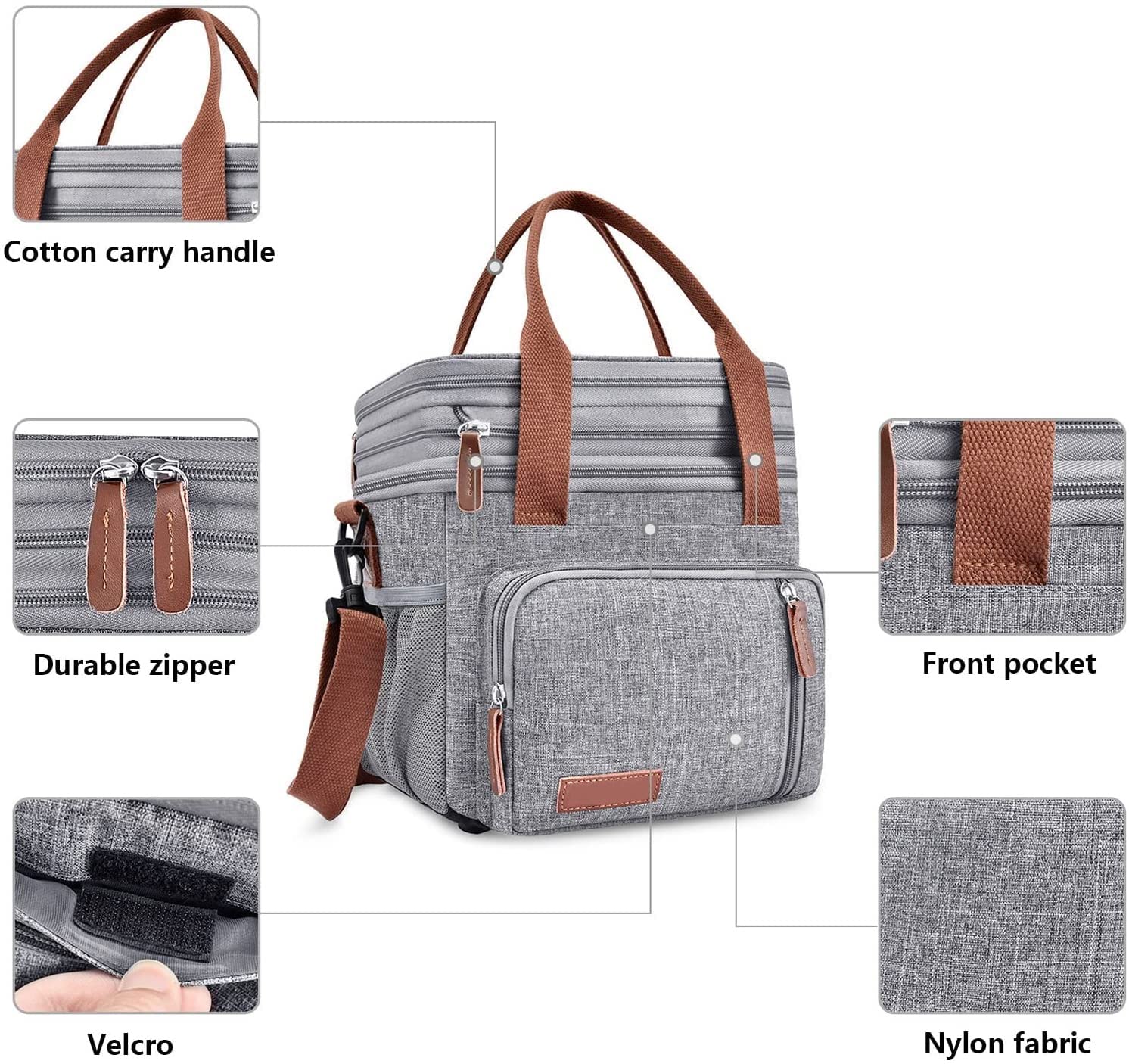 Bolsa de almuerzo de doble cubierta Bolsa de almuerzo reutilizable Bolsa de almuerzo grande a prueba de fugas Bolsas de almuerzo aisladas con correa para el hombro desmontable 2 formas de transporte