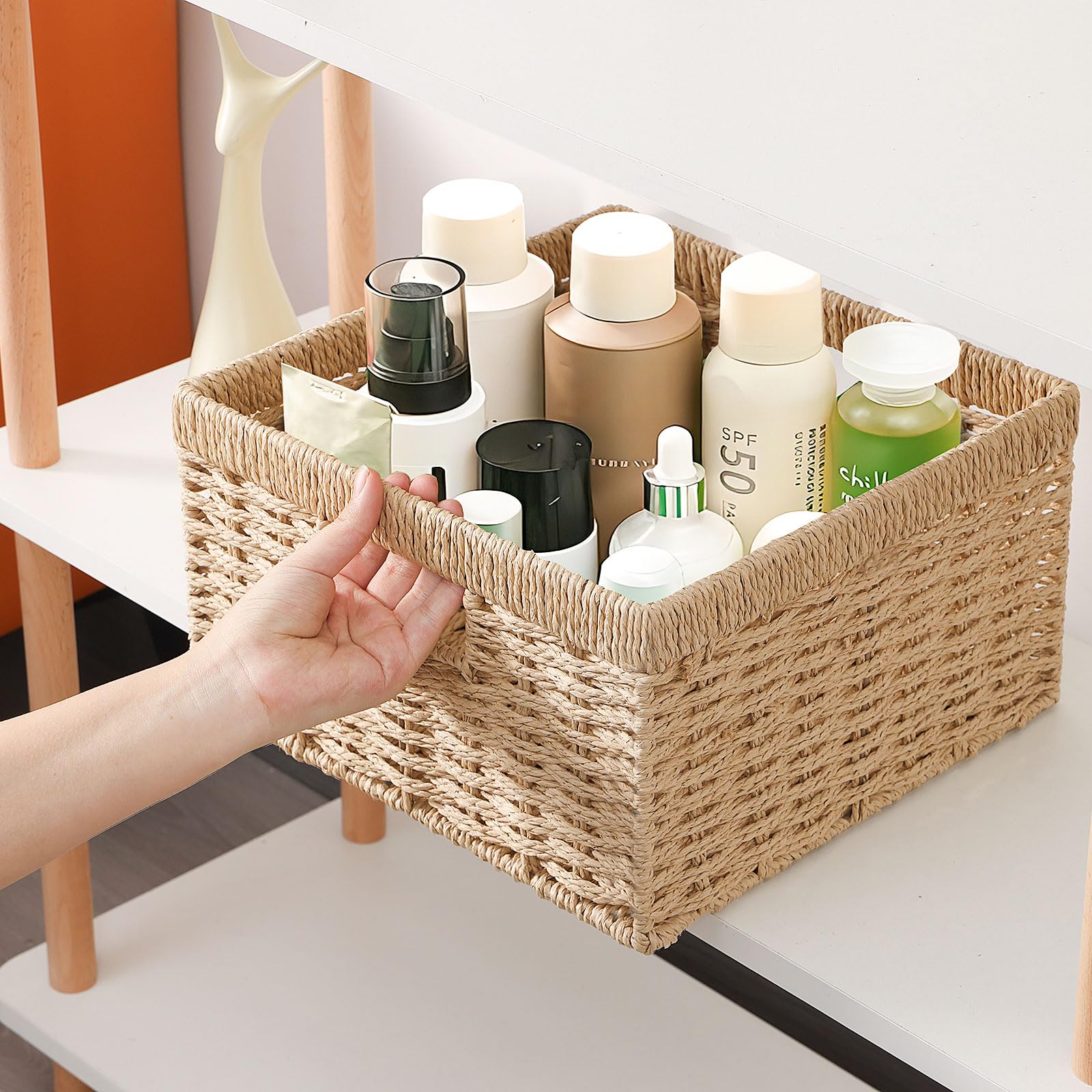 Set da 2 Cesto Portaoggetti, Cestino Intrecciato con Maniglia, Impilabile Organizer, Grande 30×30×17.5cm, Piccola 25.5×25.5×16cm, Cestini Decorativo, Naturale