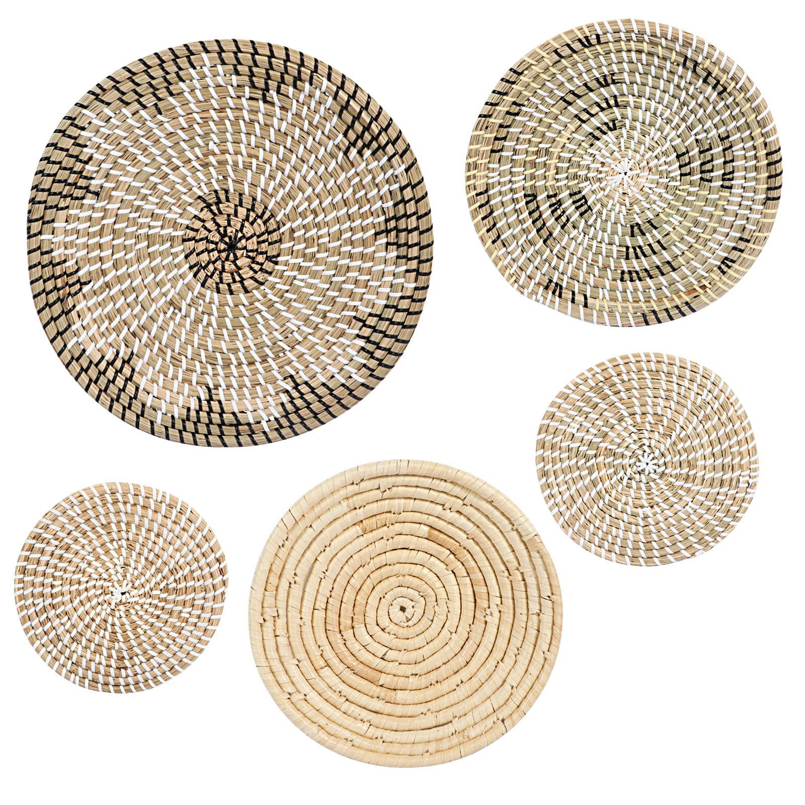 FizLig Wicker Wall Basket Decor - Set of 5 Hanging Woven Seagrass Rattan Wall Decor | Boho Round Wall Art Wicker Basket for Living Room & Bedroom | Unique Handmade Wall Decor