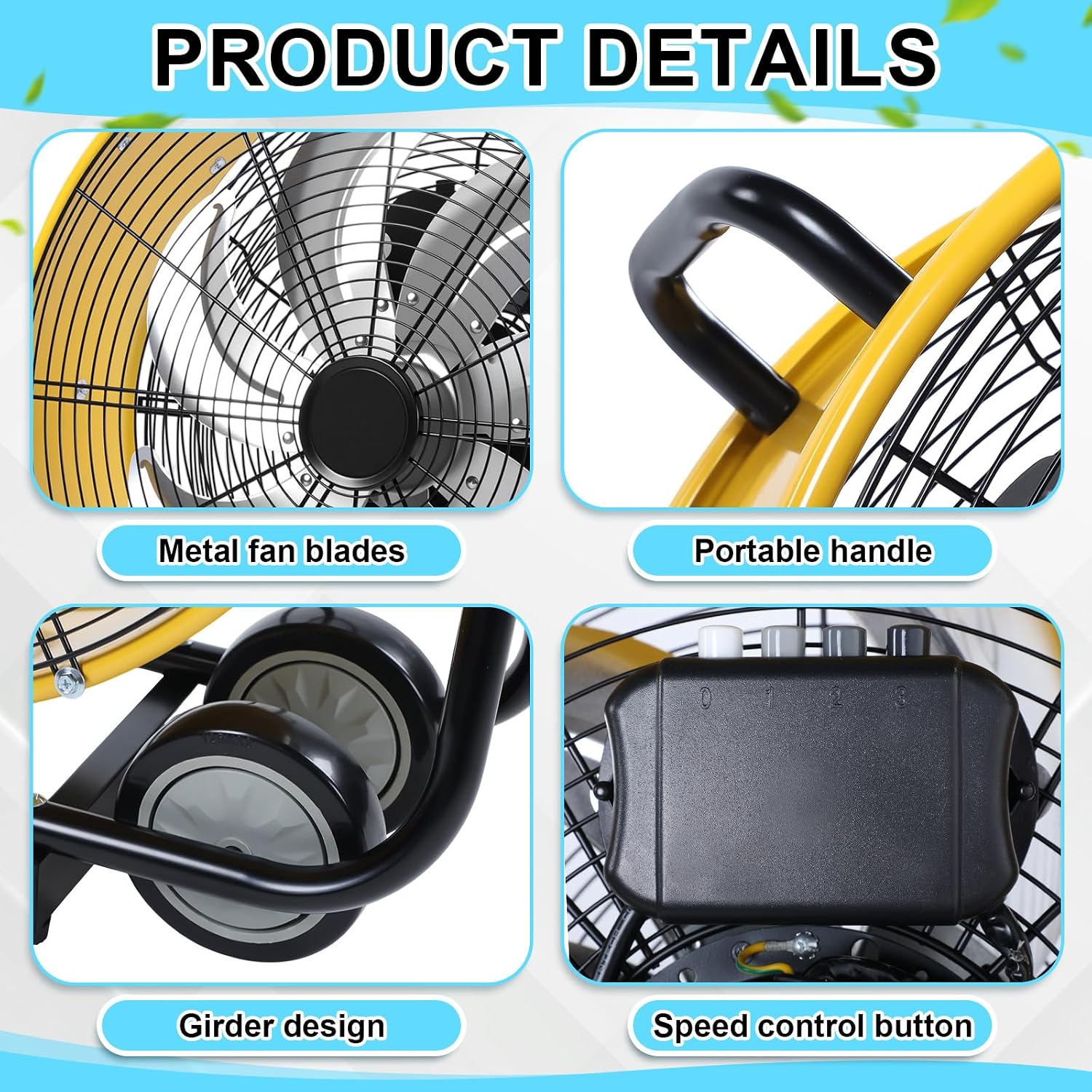 20" High Velocity Industrial Drum Fan 7 Metal Blades Heavy Duty Metal Industrial Floor Fan 3 Speed with Handle and Roller, 360° Rotation for Warehouse Basement Factory Barn Garage(Yellow)