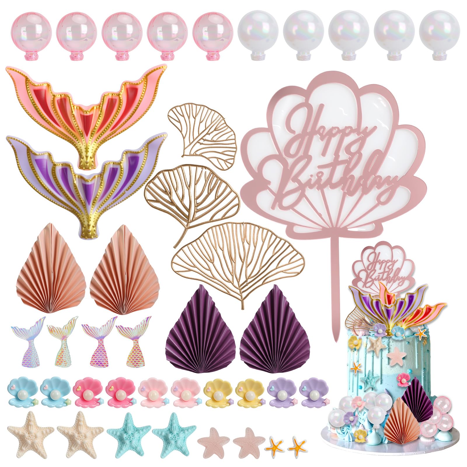 QMLING Mermaid Cake Decorations for Girls: 42 PCS Mermaid Cake Toppers Set, Seashell Tail Sea Star for Girls Birthday Mermaid Theme Party