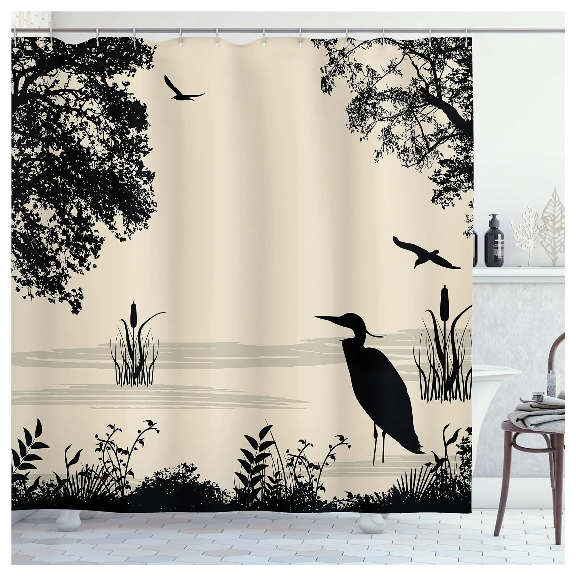 Cortina de Ducha con diseño Tradicional de pinos y grullas Volando, Arte paisajístico, Cortinas de Ducha Impermeables for baño, Ganchos(Color-19,W240xH180cm)