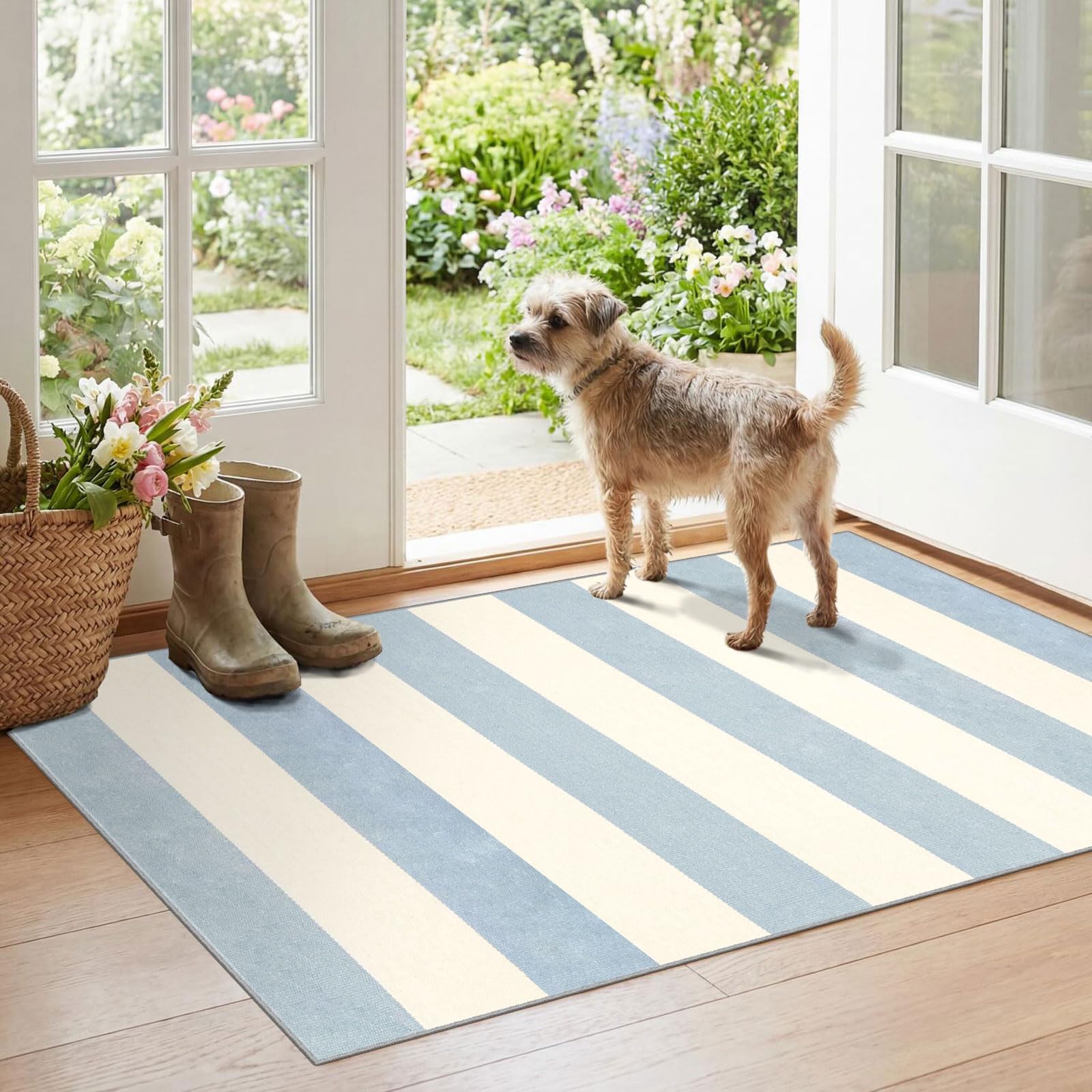 Othilic Blue White Striped Outdoor Rug - 28" x 43" Front Door Mat Indoor Outside Entrance Non-Slip Washable Summer Welcome Mat for Front Door Coastal Rug for Entryway Kitchen Bedroom Porch Decor — image 1