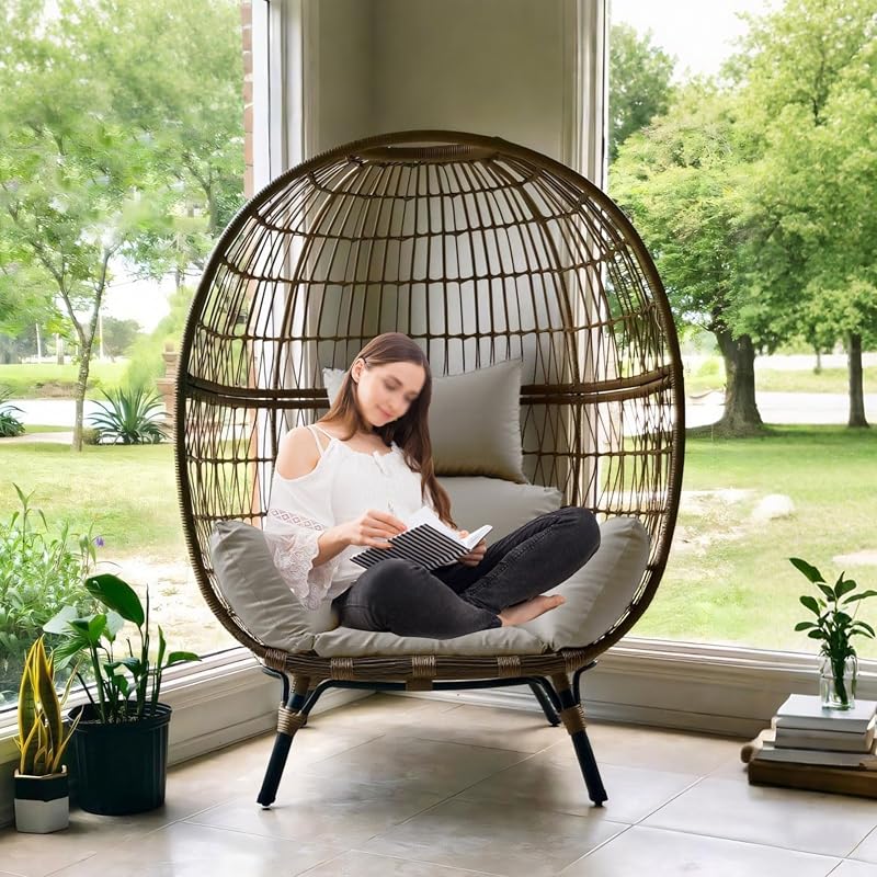 Awoyep Függőfotel Párna Vízálló Polyrattan Hinta Párnával Fejpárnás Szürke