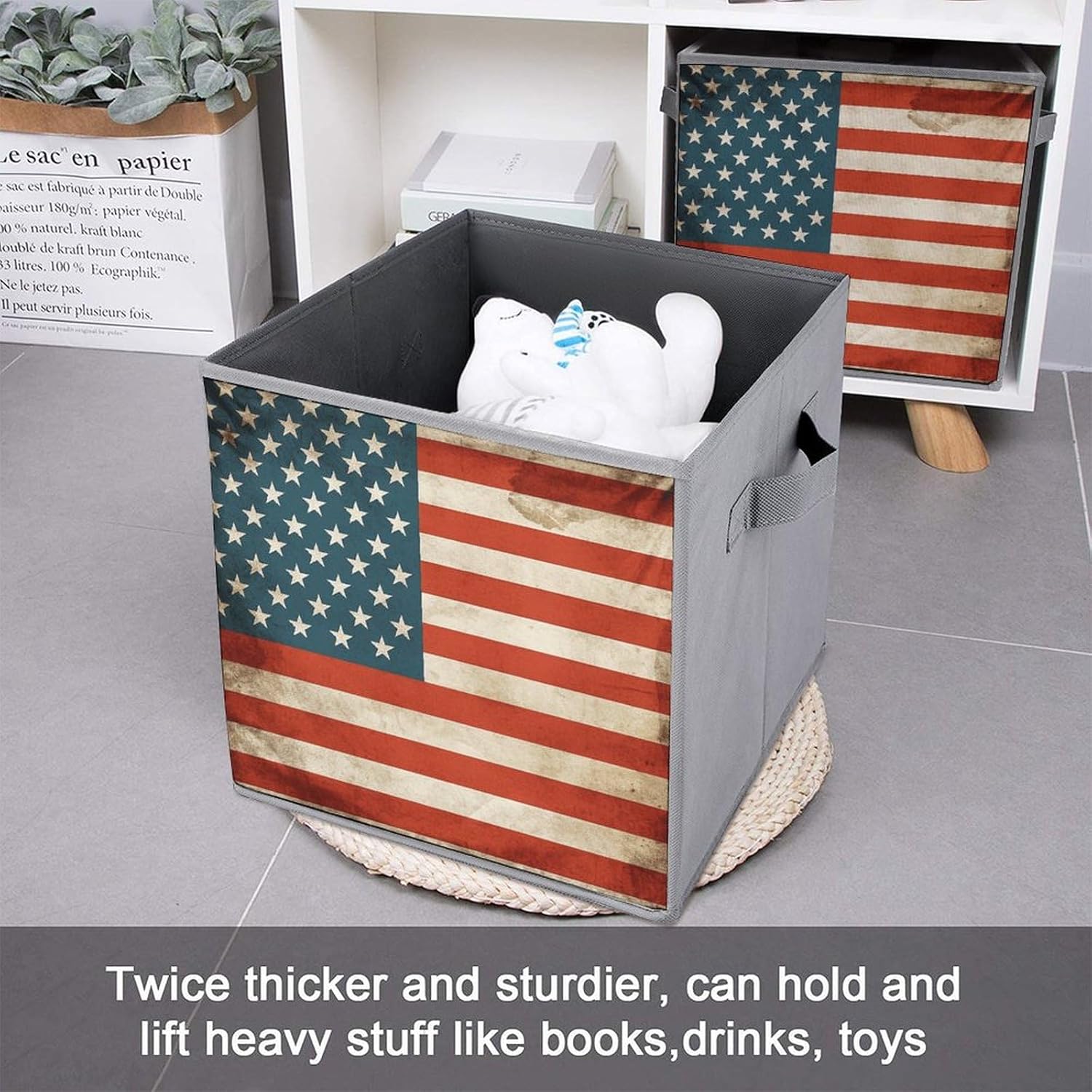 USA Flag Foldable Storage Box with Handles, Durable Oxford Storage Cubes, 2PCS Collapsible Closet Organizer for Home, Shelf, Office, Travel