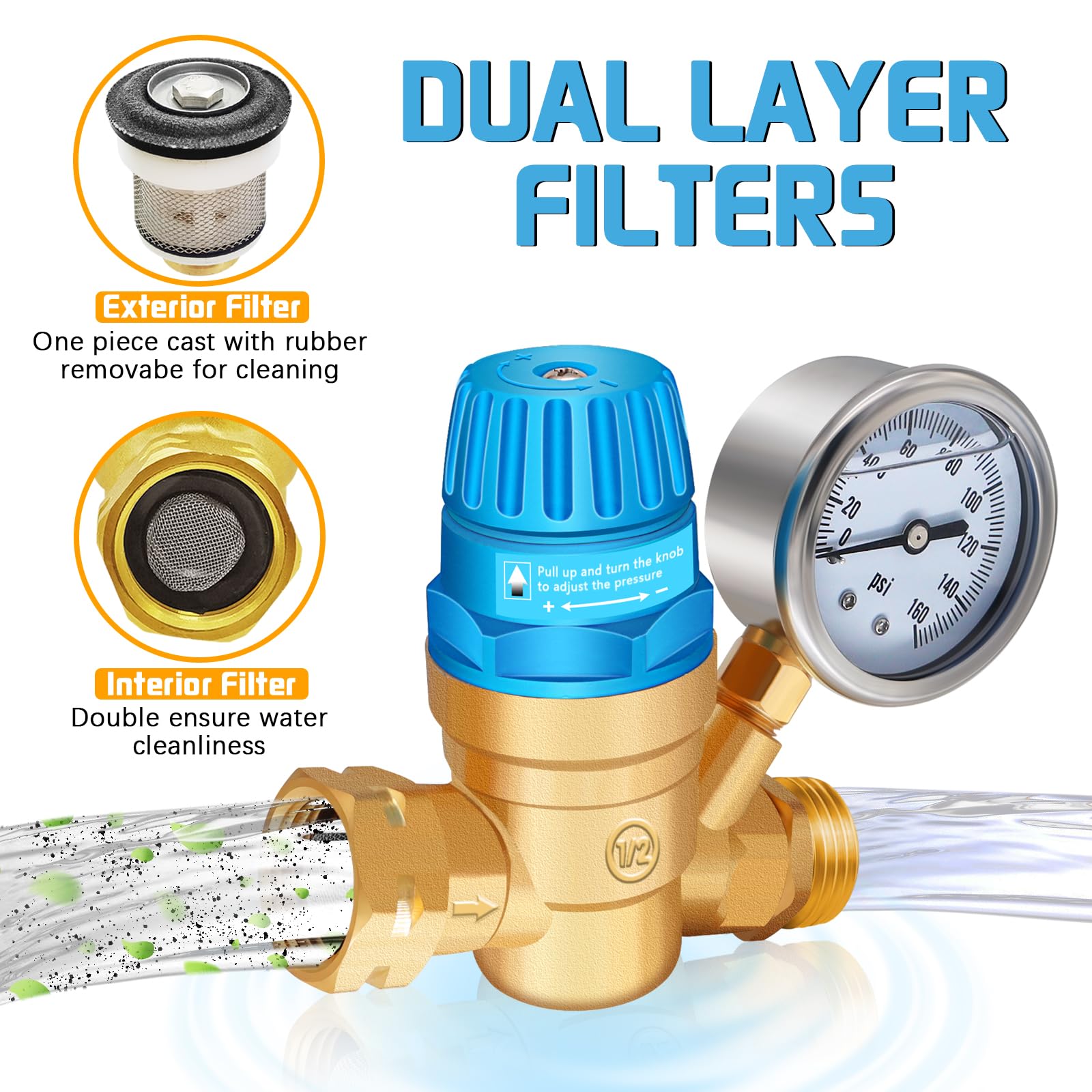 Boltigen Kit regulador de presión de agua para RV, kit de manguera de agua dulce RV con filtro de agua en línea, codo de latón, divisor de manguera, conexiones rápidas de manguera, conector flexible