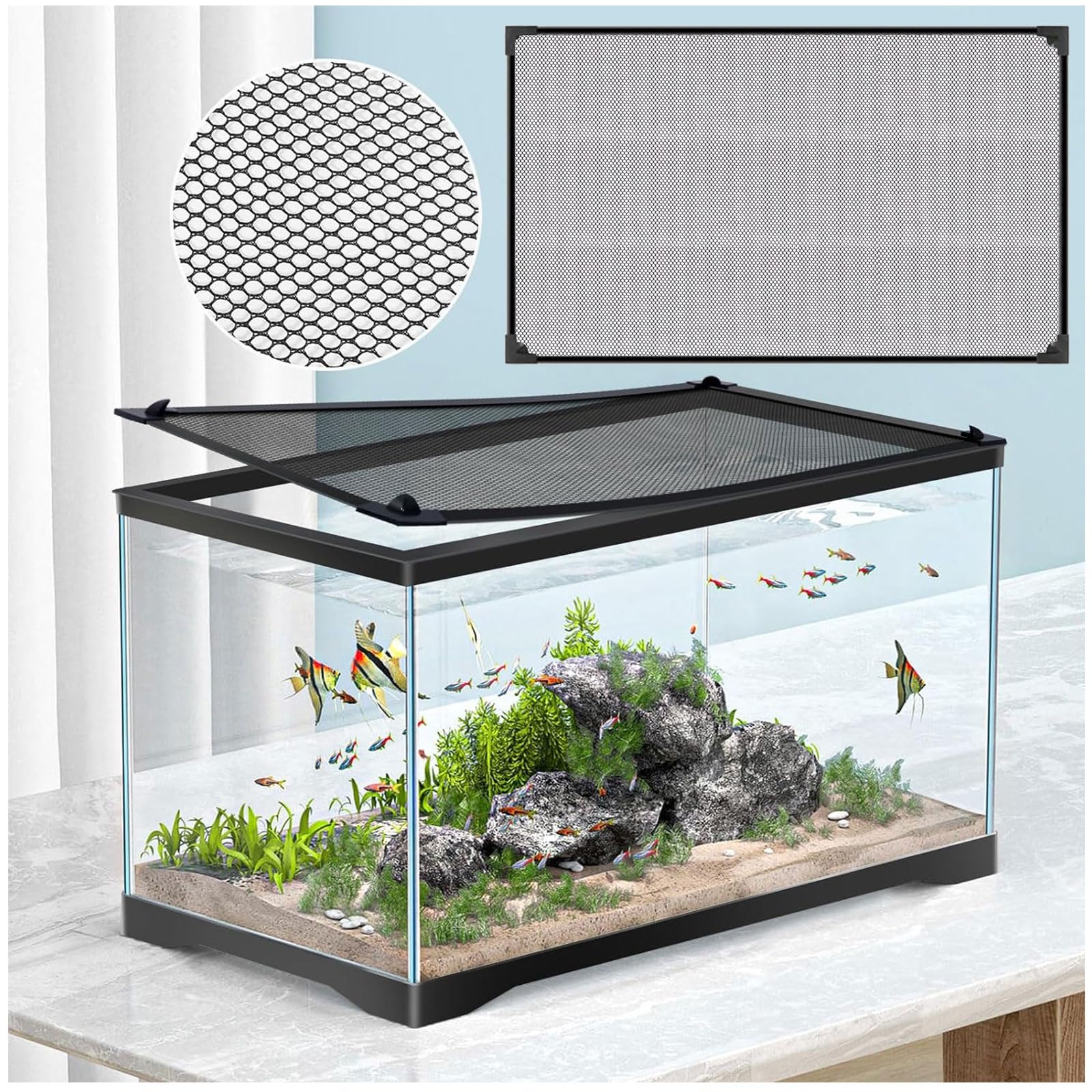 Couvercle D'aquarium, Filet Anti-Saut, Aquarium Couvercle D'écran, Fischtankdeckel, Facile À Installer Accessoires Aquarium Empêcher Poissons Reptiles (50 X 30 CM)