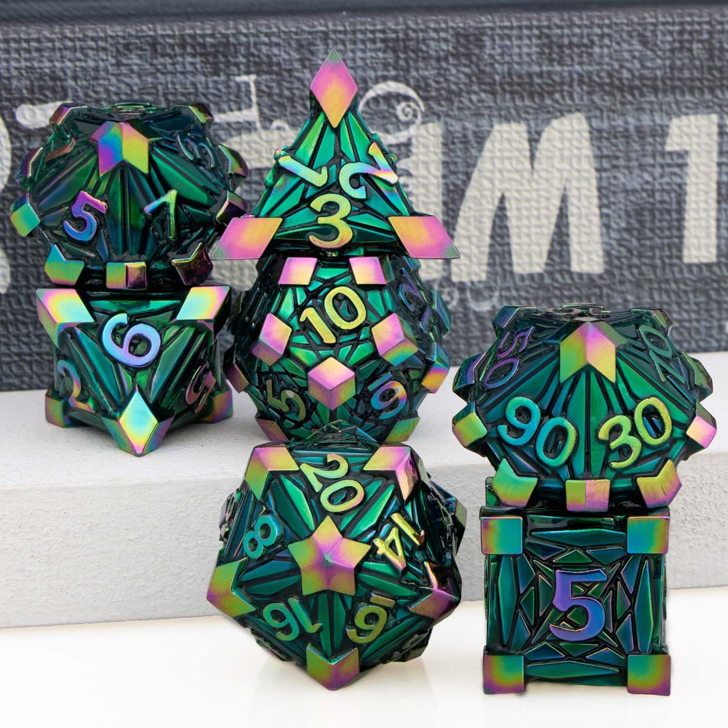 ORIFANTOU Jeu De Dés DND En Métal – 7 Dés (D4 à D20) Avec Boîte, Thème Éclats De Cristal – Pour Donjons Et Dragons Et JDR