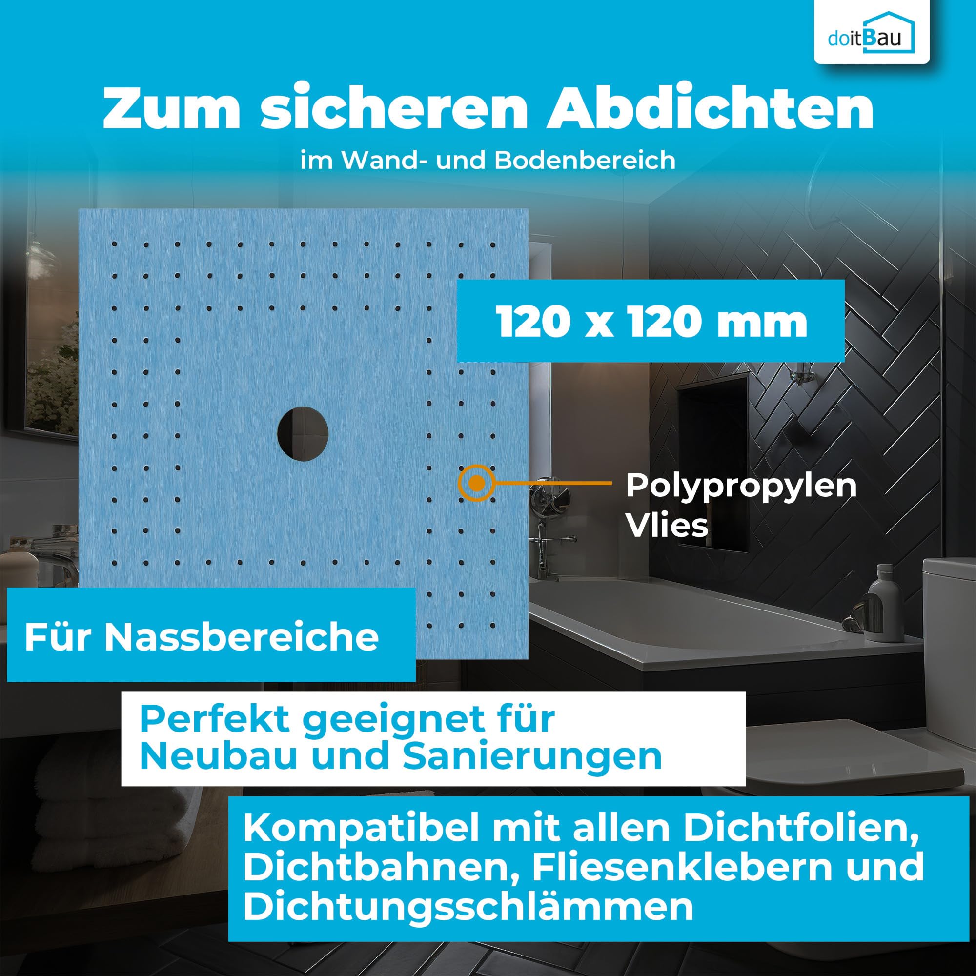 doitBau Juego de juntas de ducha – Sellado de superficies húmedas – Sistema de sellado impermeable de alta elasticidad – 120 mm cinta de sellado 20 kg película líquida – 20 m² juego completo baño