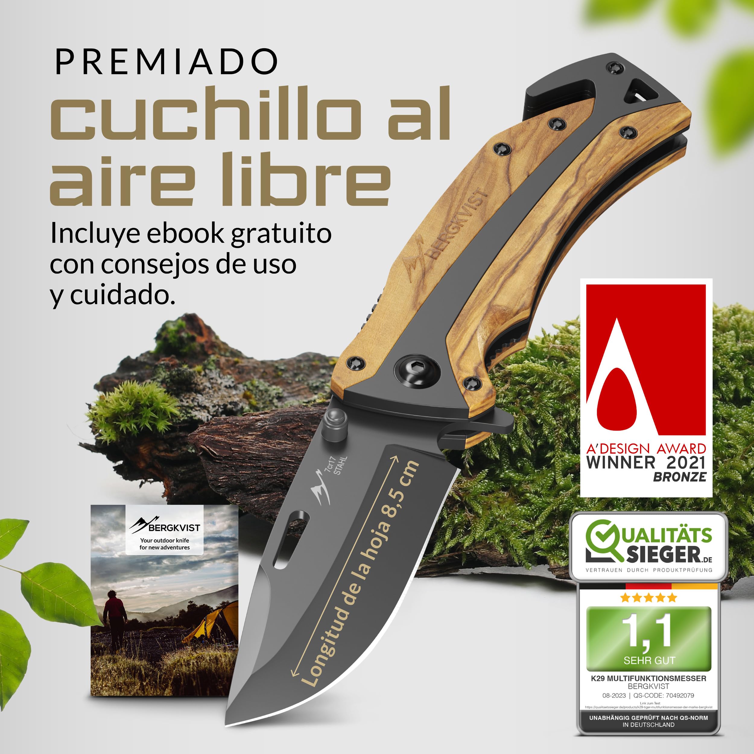 BERGKVIST® K29 Cuchillo plegable Titanium [navaja de bolsillo 3 en 1] | Navaja con rompecristales y cortacinturones, Bronze A' Design Award, mango de madera de olivo