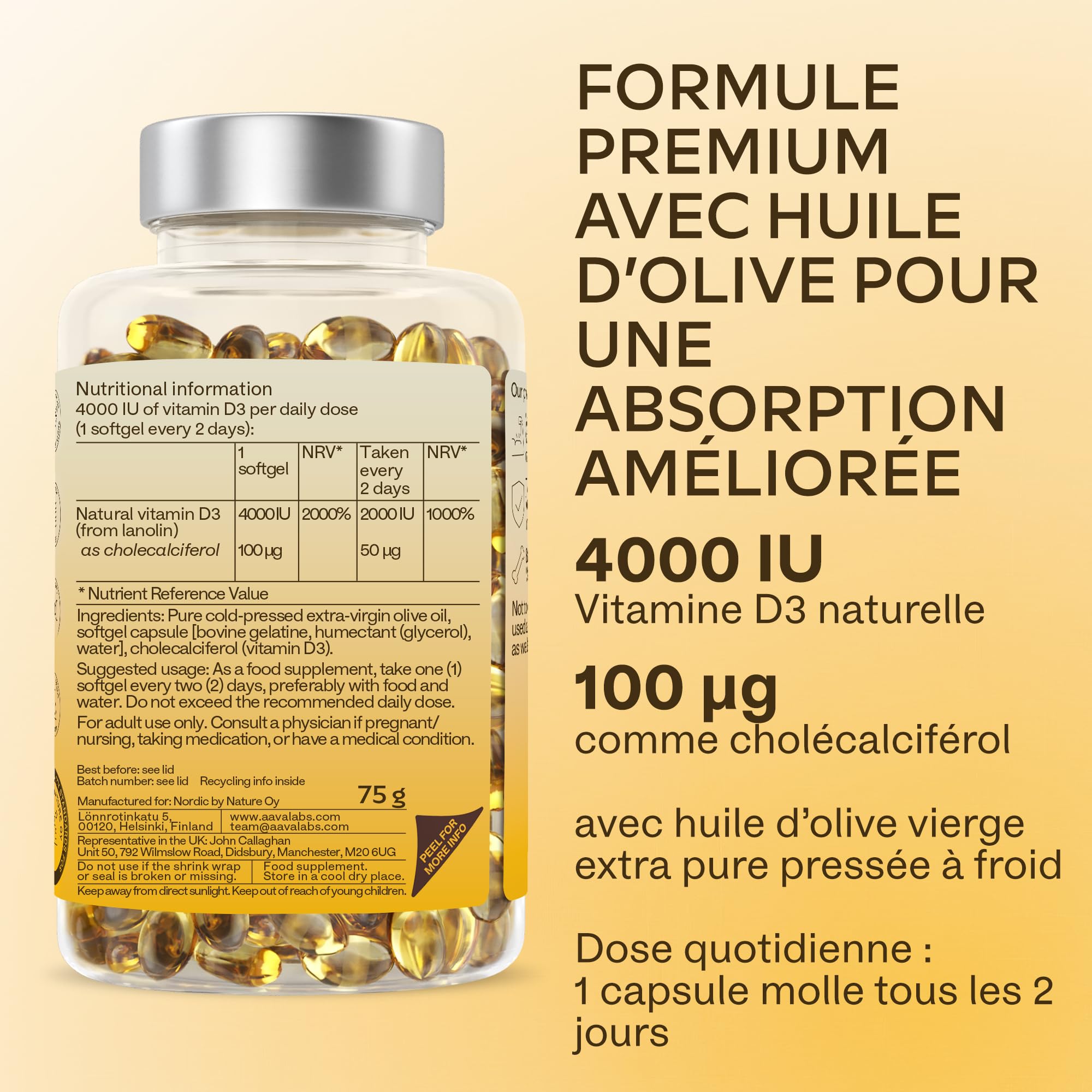 Vitamine D3 4000 UI - Vitamine D avec Huile d’Olive Extra Vierge pour Absorption Optimale - Vitamines sans OGM, sans Gluten et Lactose pour les Fonctions Osseuse, Musculaire, Immunitaire - 365 Gélules