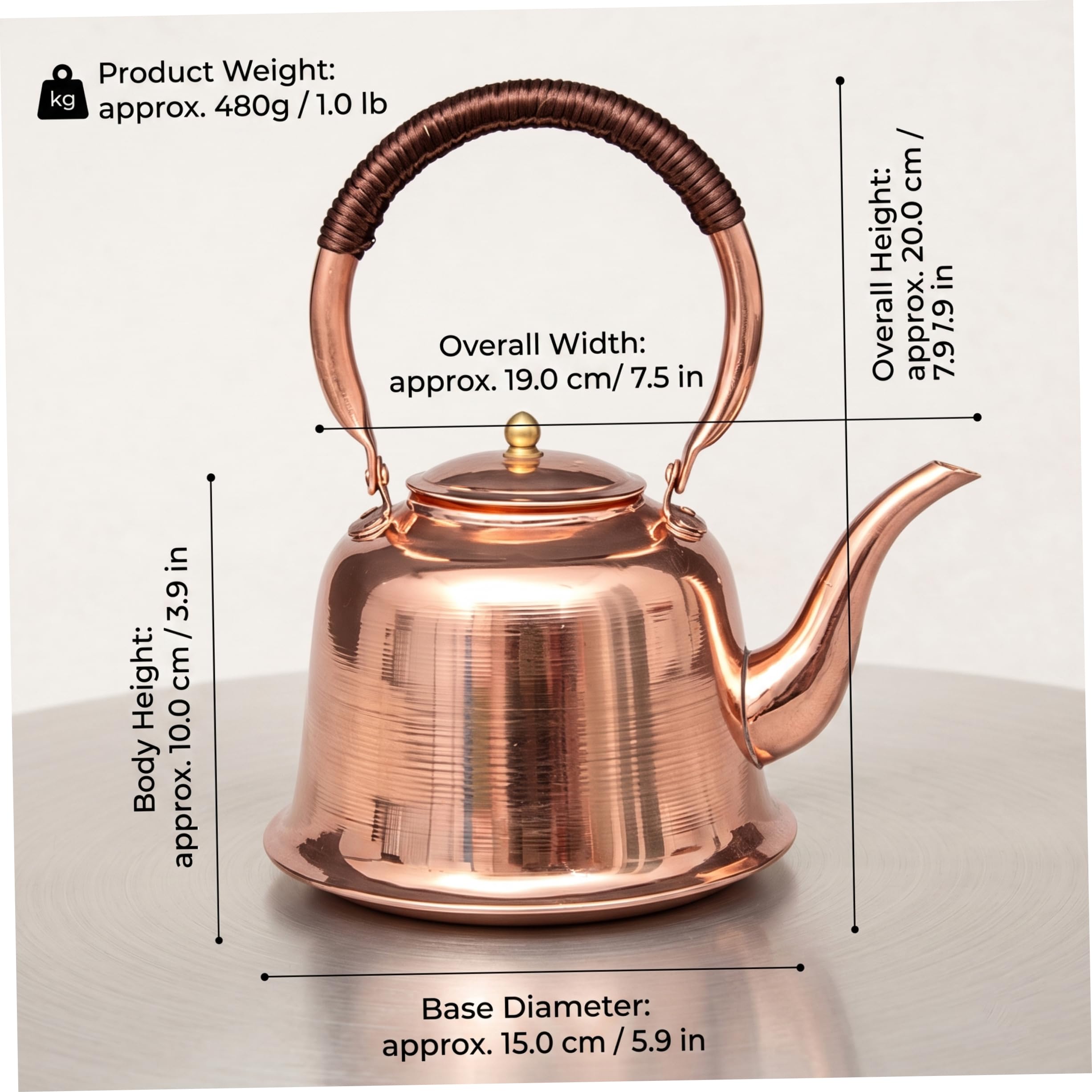 Kupfer-Teekessel, Retro 1l Kupfer-Kochkessel für Induktions- und Gasherde
