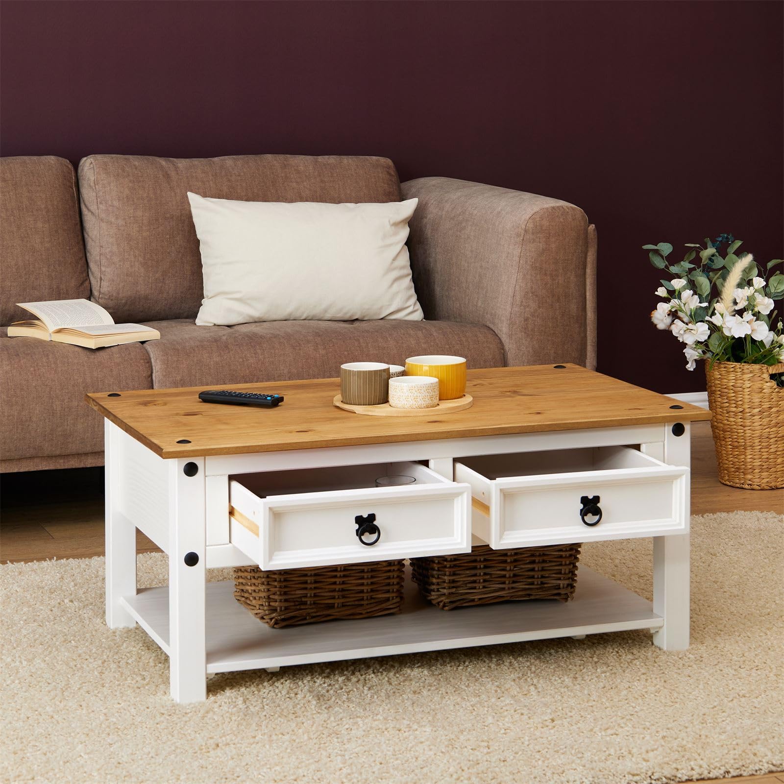 CARO-Möbel Couchtisch Campo im Mexiko-Stil Wohnzimmertisch Beistelltisch Kiefer massiv, braun/weiß lackiert mit 2 Schublade