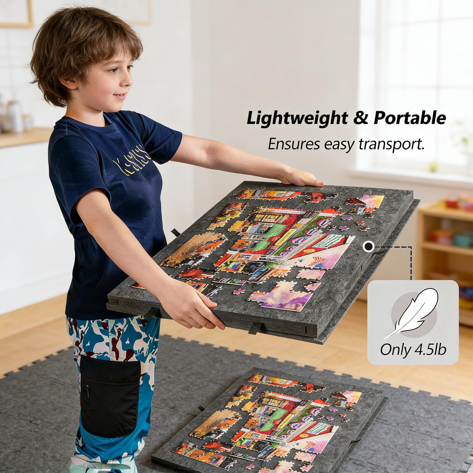 Planche de Puzzle Inclinable 2 en 1,Planche à Puzzle Portable avec 6 Tiroirs & Couvercle,Table de Puzzle en Feutre Super Légère,Support Inclinable à Velcro,pour Enfants et Adultes (Gris argenté) - 4