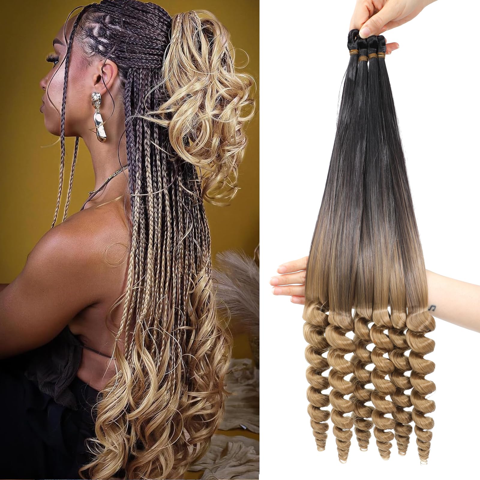 XIIMENALU Extensiones de pelo rizado francés preestirado, trenzas de ganchillo, natural, fácil trenza, pelo de ganchillo, extensiones profesionales suaves y sueltas (OT4/27#, 18 pulgadas/6 paquetes)