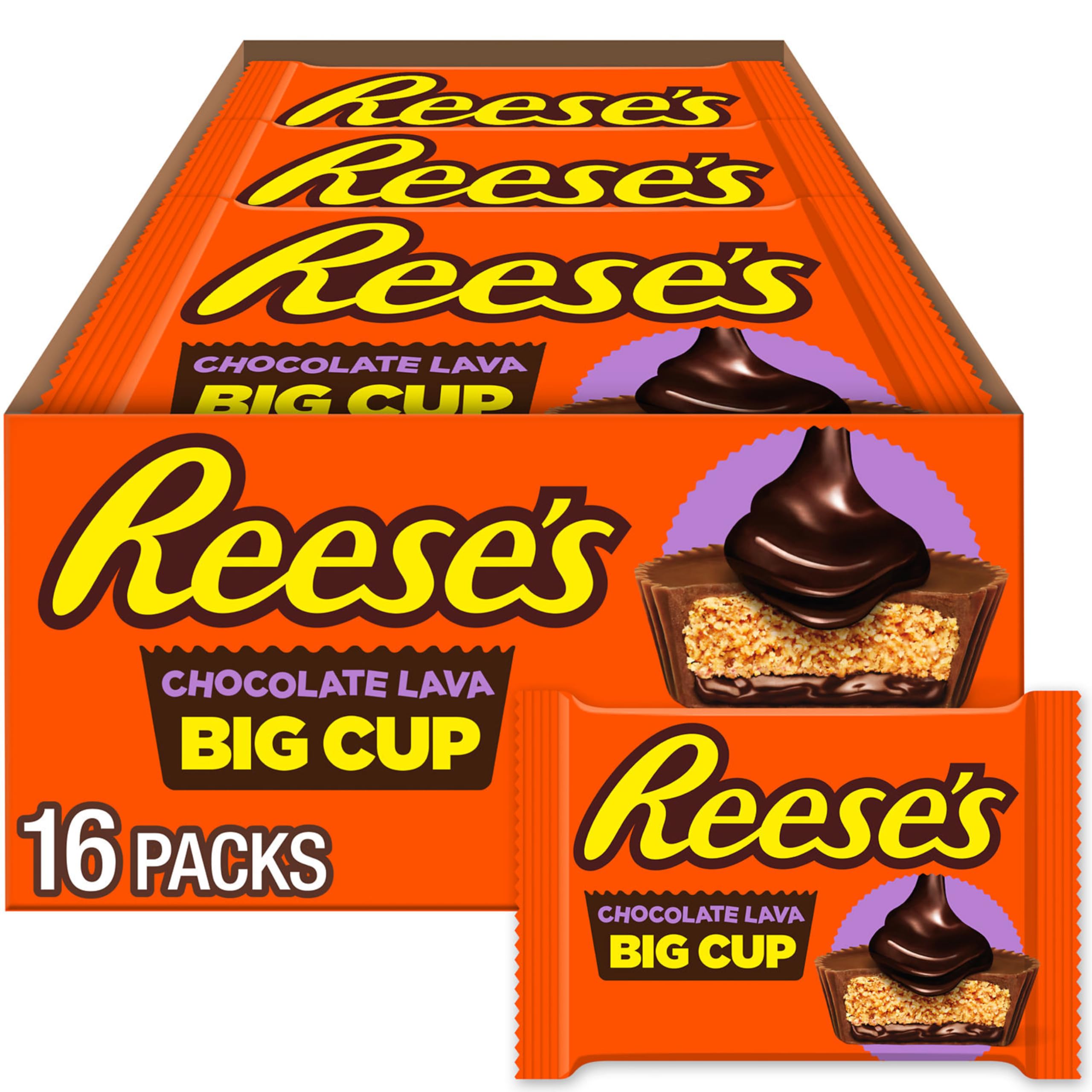 Reese's Big Cup Chocolate Lava Milk Chocolate Peanut Butter Cups, Candy Packs, 39g (16 Count)