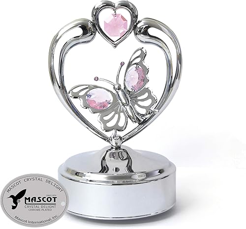 Mascot Caja de música de mariposa cromada en corazón con cristal auténtico, el mejor regalo para Acción de Gracias, boda, San Valentín, cumpleaños,