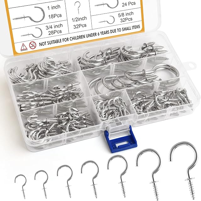 FEPITO 160 Pieces Screw Hooks Ceiling Hooks Silver Multi-Size Nickel Plated Metal Screwable Cup Hooks,7 Sizes