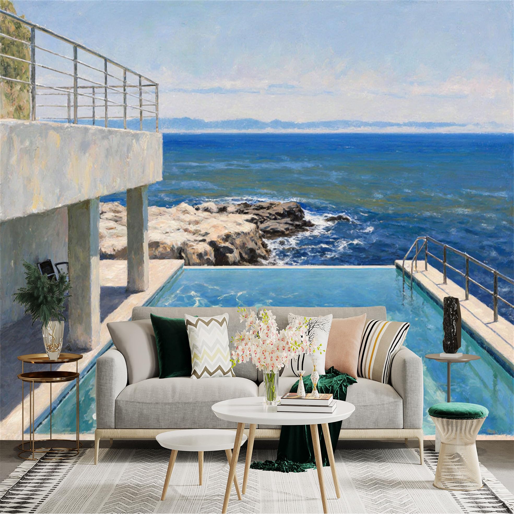 Lnzczhyre Xc260505616 Custom Size Wall Sticker Mural， Infinity Pool Overlooking The Blue Ocean， Mediterranean Coastal Scenery， Sunny Seaside Terrace， For Wall Decoration， Peelandstick Wall Decals.