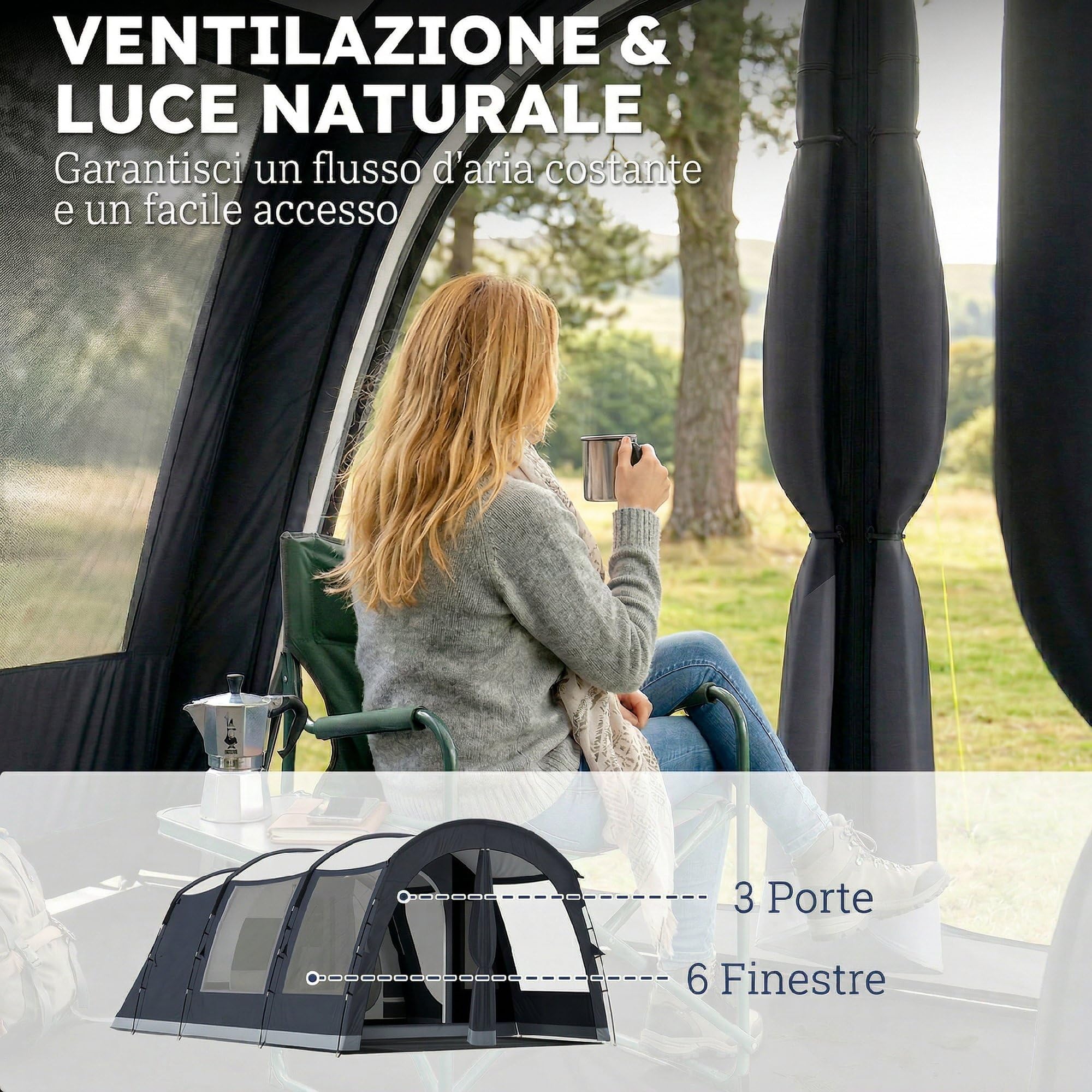 Outsunny Tenda Campeggio a Tunnel per 2-4 Persone Alta 210cm con 2 Stanze, Tenda da Campeggio Familiare Impermeabile 3000mm con 3 Porte, 6 Finestre, Gancio, Borsa Trasporto, per Trekking, Blu Navy