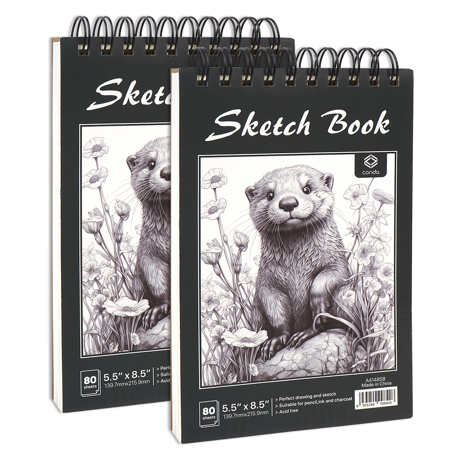 CONDA 5.5 x 8.5 Sketchbook Book - Top Spiral Bound Pad, 2 Packs of 100-Sheets (68lb/100gsm) Acid Free Artistic Paper for Drawing, Painting, Writing - Ideal for Beginners Artists