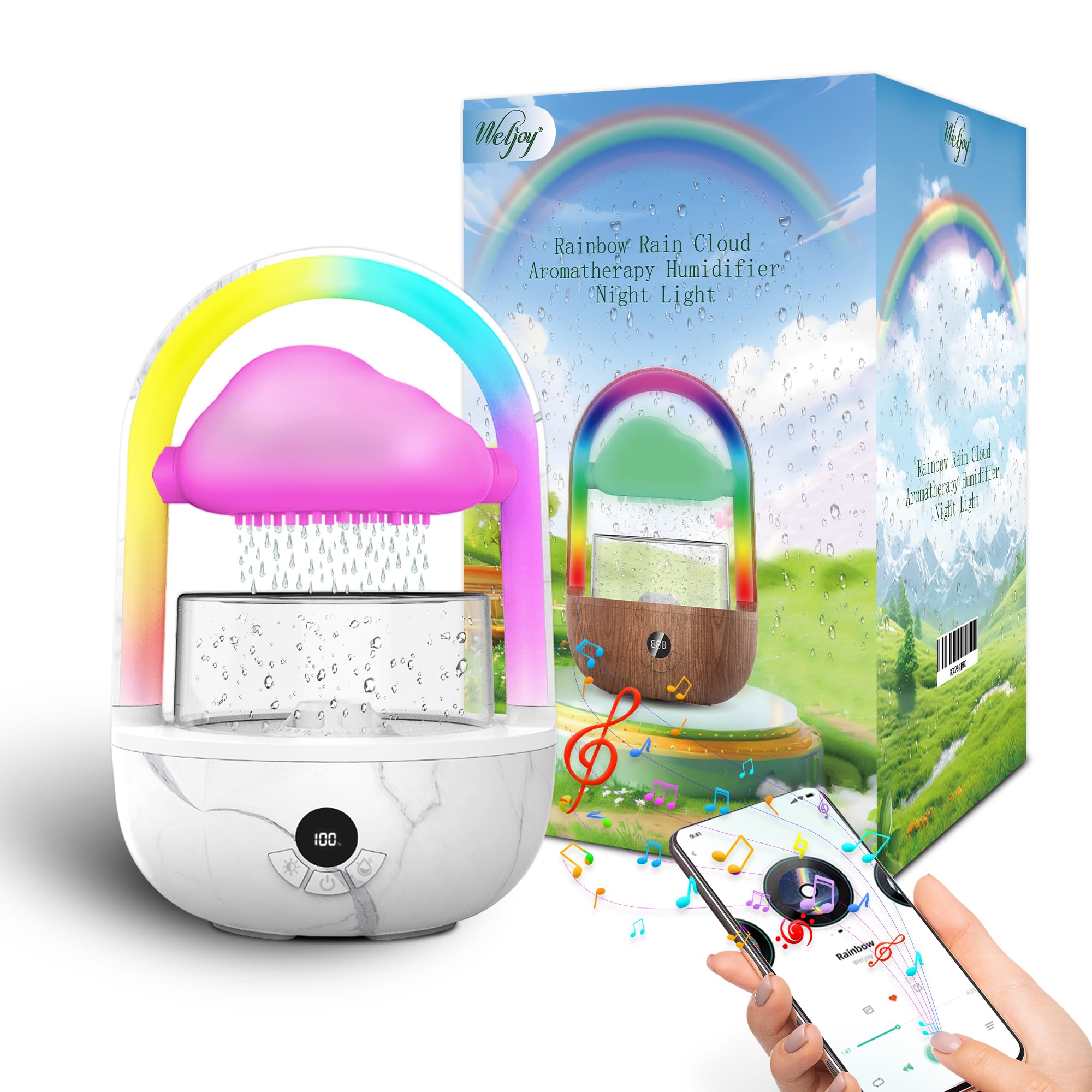 Regenwolken Luftbefeuchter Mit Regenbogenlicht, Weljoy Humidifier Mit Exklusive APP, Luftbefeuchter Schlafzimmer Mit Marmortextur & 7 Farben LED-Lichtern, Raumbefeuchter Für Schlafen/Entspannung