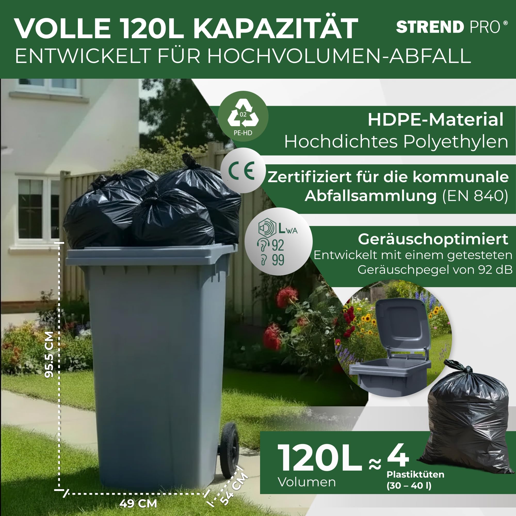 STREND PRO Mülltonne 120L Grau mit Deckel & Rädern