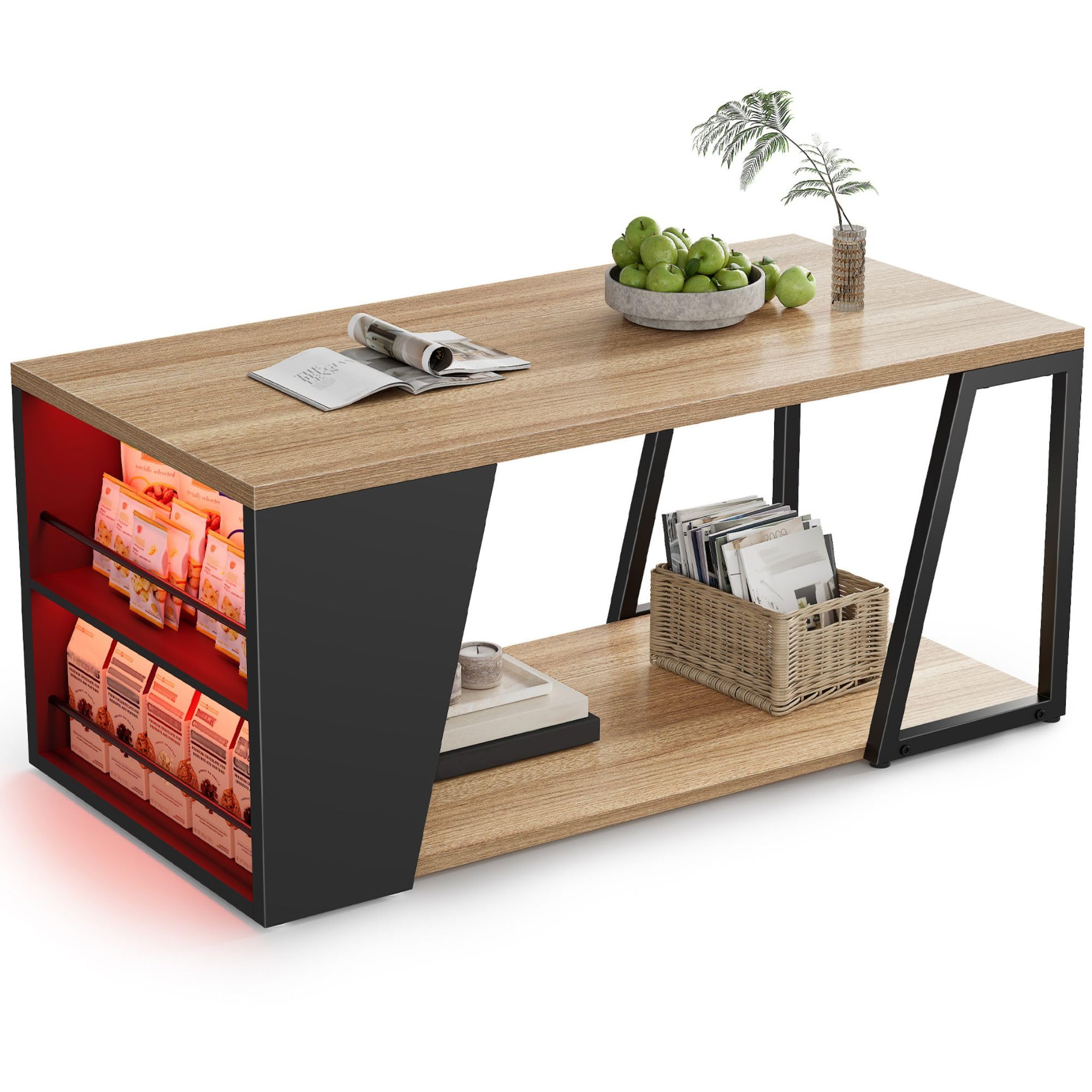 Gyfimoie Rustic Wood Coffee Table, Living Room Table with 2-Tier Storage Shelf, Rectangle Center Table with Adjustable LED Lighting For Home, 100x50x47CM