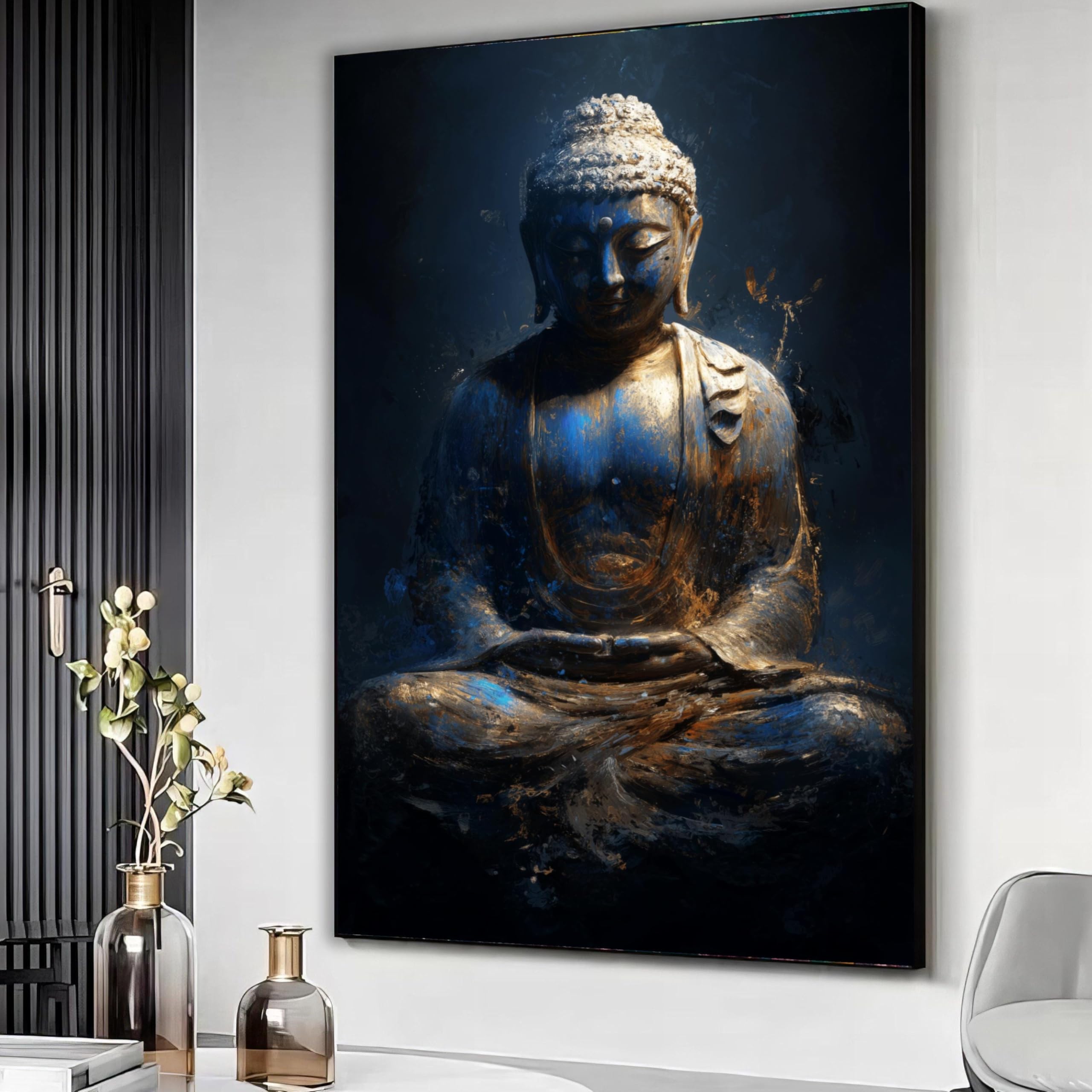Yusuzhu Frameless Meditative Buddha Statue Canvas, Golden Blue Buddha Art, Spiritual Wall Decor, Zen Home Decoration, Artwork Painting(60X80cm/Frameless)