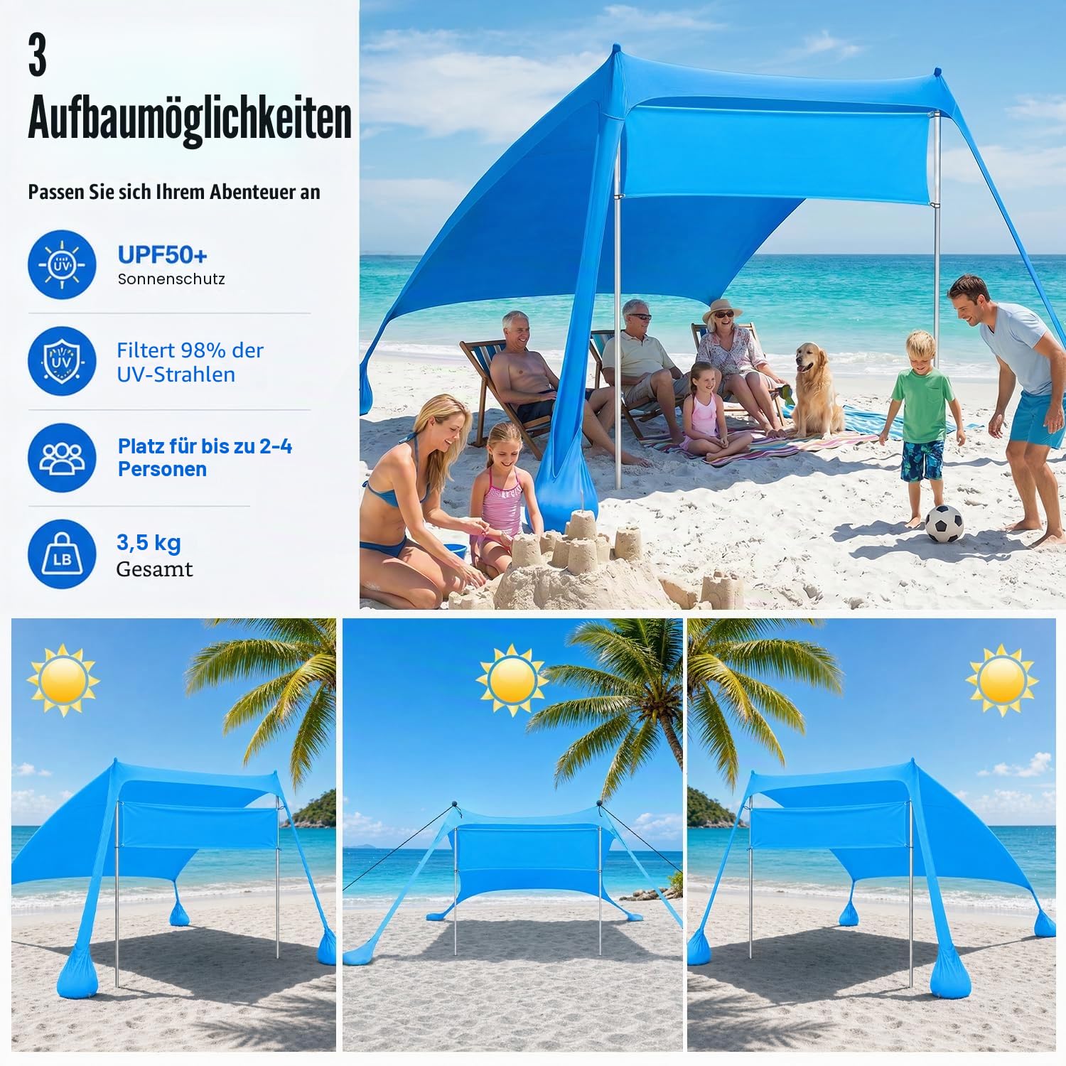 Strandzelt – Sonnensegel Strand 2.1x2.1m mit UV Schutz UPF50+, windstabil & leicht, Strandmuschel mit Sandschaufel, Heringen und Stabilitätsstangen, Blau