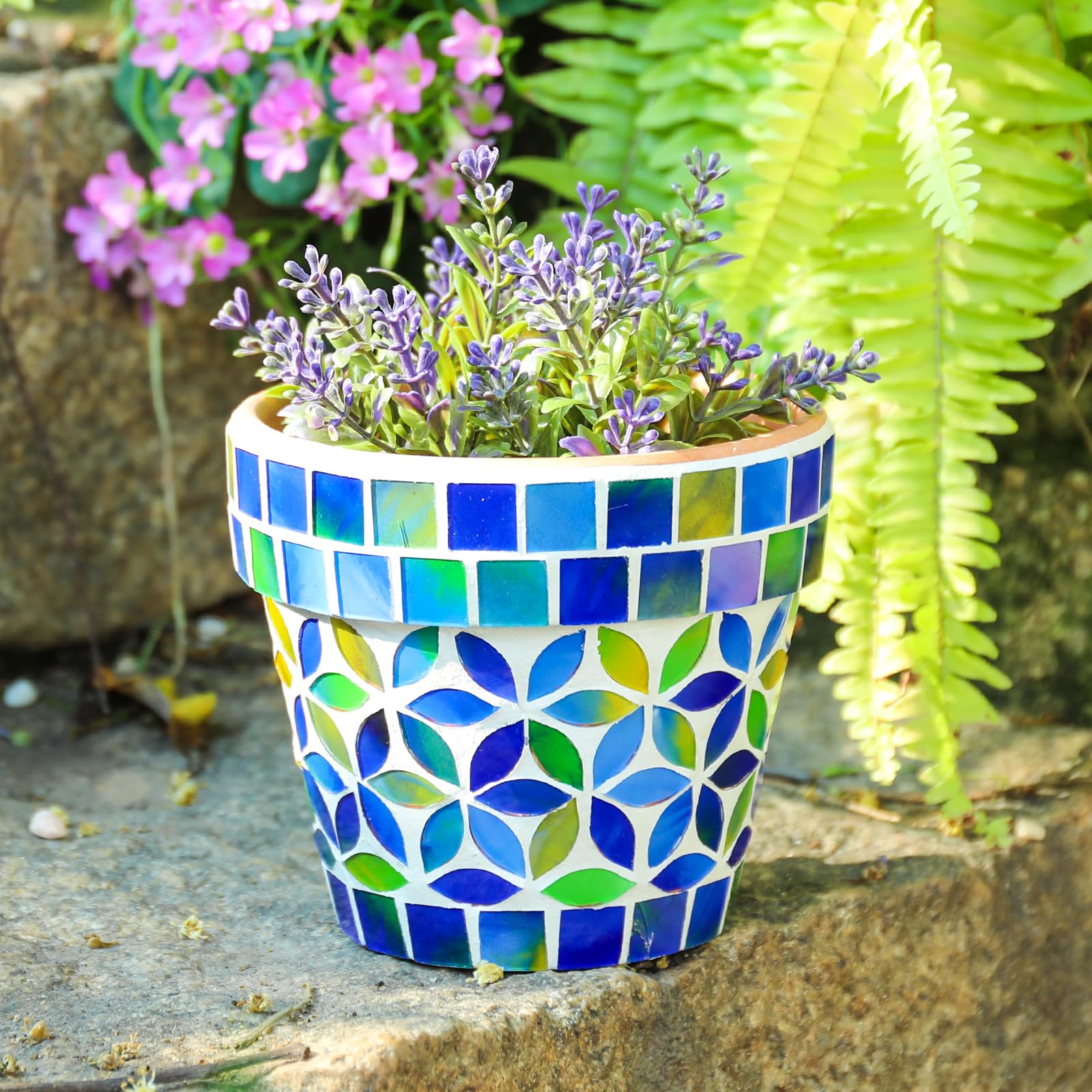 Kleiner Mosaik Blumentopf Blumentöpfe Keramik Pflanzgefäß mit Drainageloch Kleiner Keramiktopf für Innen Außen Pflanzen Sukkulenten Töpfe Blau mit Blumen Design