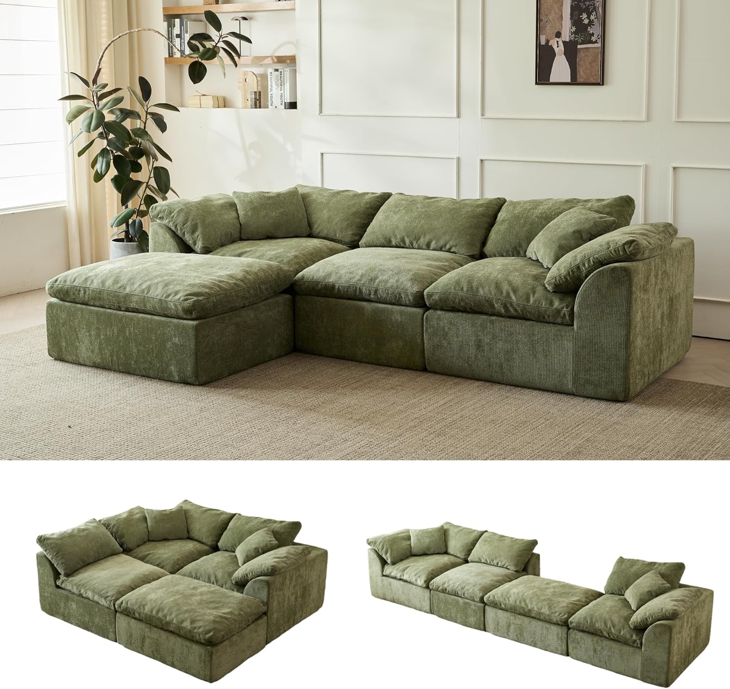YEFLIXVRAU 109" Green Cloud Couch: Modular L-Shape Sectional Sofa with Ottoman, Deep Seat 3-Seater Chenille, No Assembly Required
