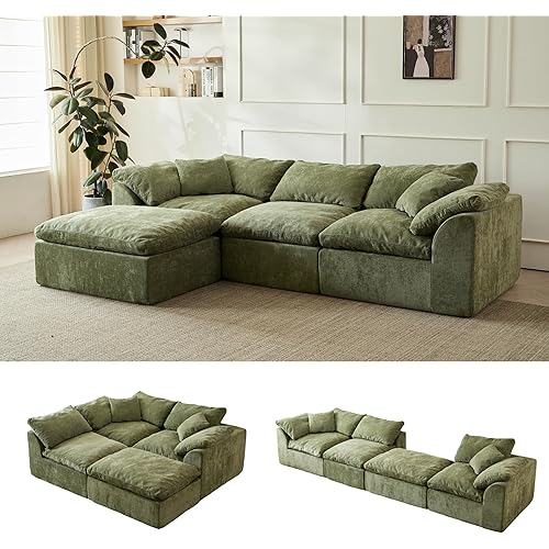 109" Modern Cloud Couches for Living Room, Deep Seat Convertible L-Shape Boneless Couch with Ottoman, Oversized Comfy 3-Seater Couch Chenille Fabric Compressed Sofa Modular Sectional Sofa, (Green)