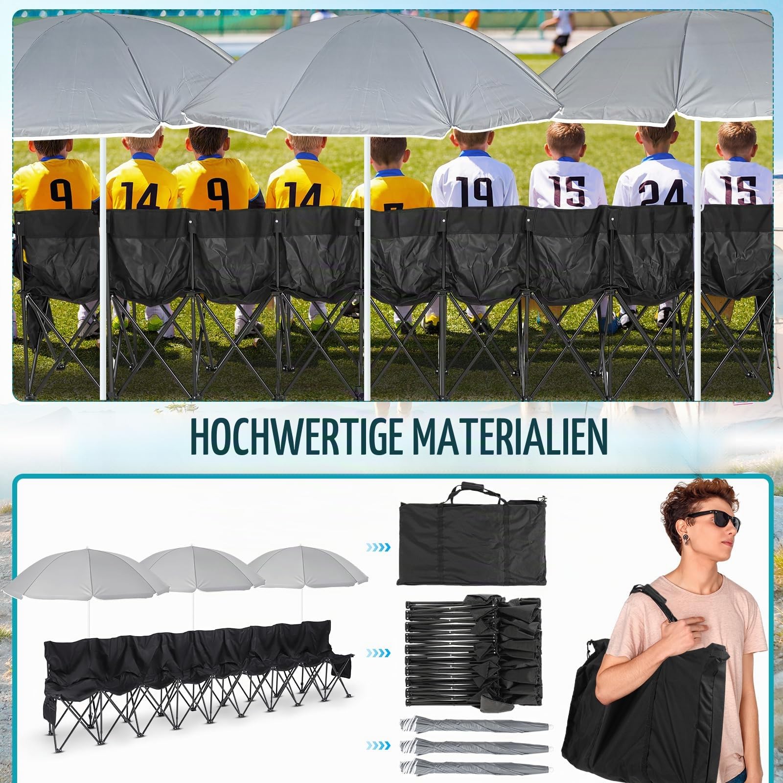 Cinnvoice Klappbare Fußballbank, tragbar, Team-Sport, Sideline, Teambank, Sitz mit Regenschirm, für Fußball, Camping, Reisen, Veranstaltungen, Outdoor-Sitzgelegenheiten mit Aufbewahrungstasche (9