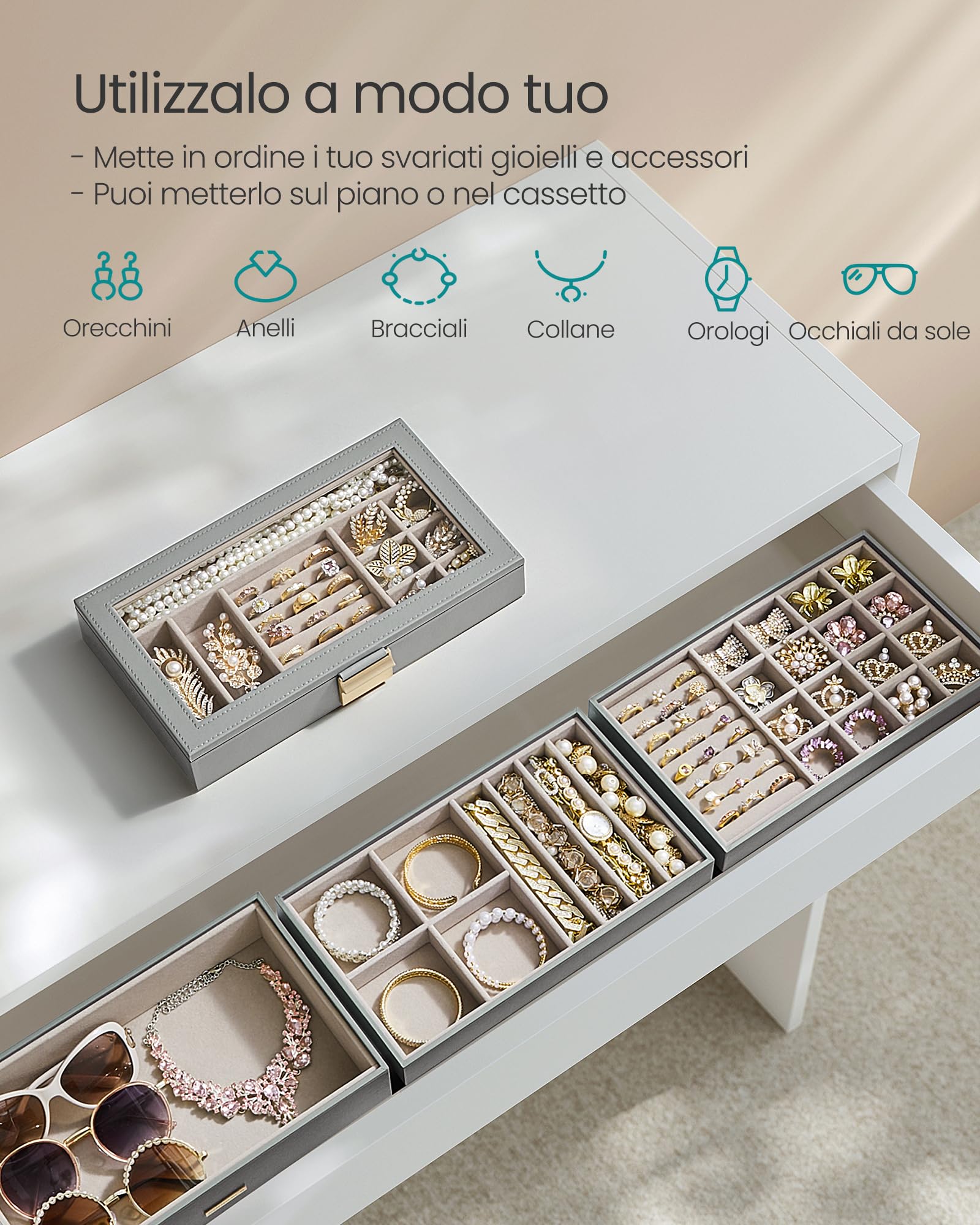 SONGMICS Scatola Portagioie con 4 Vassoi Impilabili, Porta Gioielli Capiente, Coperchio in Vetro Chiaro, 17 x 28 x 18,3 cm, per Cassetto Toeletta, Idea Regalo, Grigio Tortora JBC164G01
