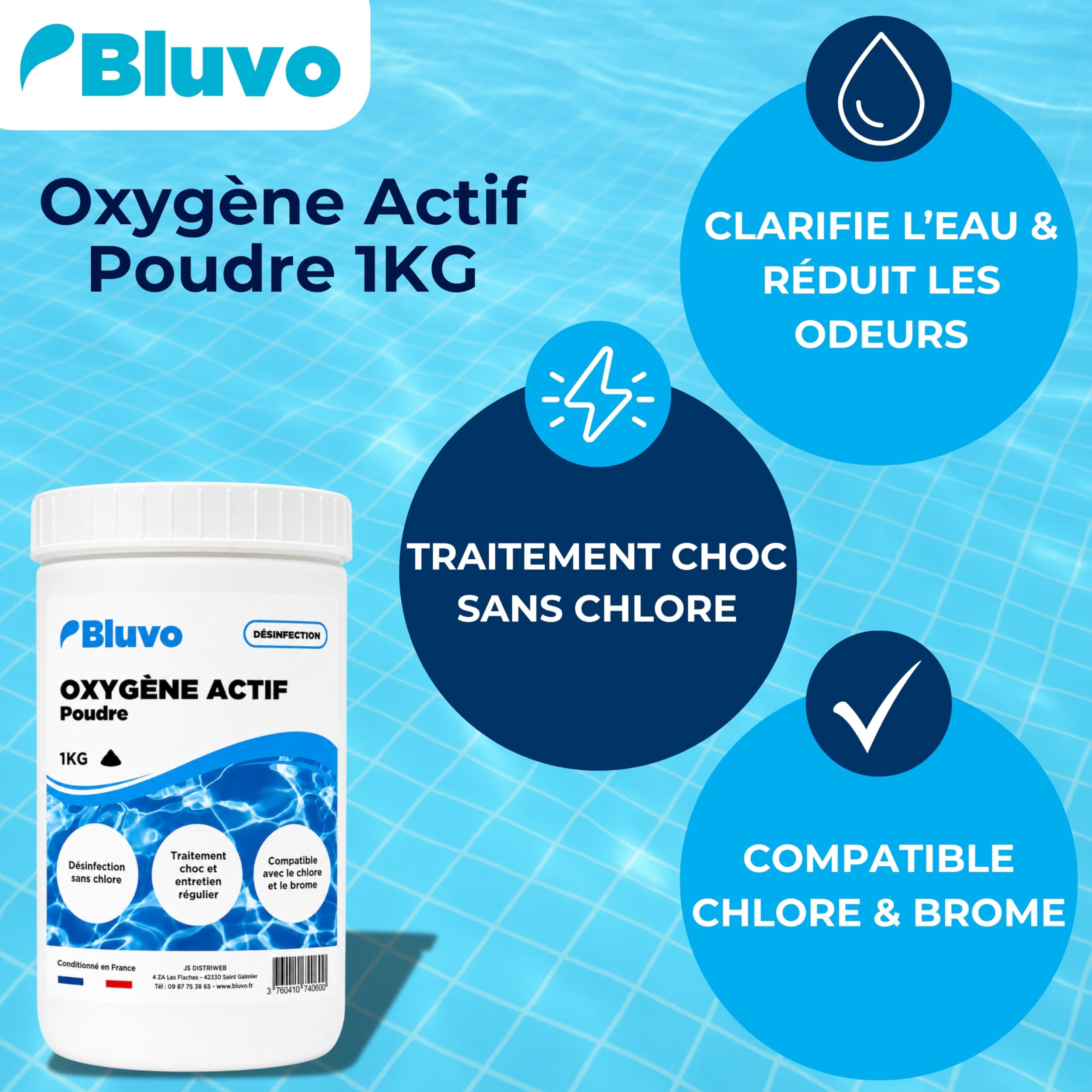 Oxygène Actif Poudre 1KG – Traitement Choc sans Chlore pour Spa et Piscine | Clarifie l’Eau et Réduit Les Odeurs | Compatible Chlore et Brome | Conditionné en France