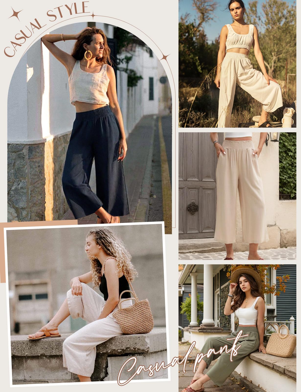UMIPUBO Pantalon Lin Femme Été Coton Chanvre 3/4 Large Pantalons Fluide Elegant Chic Taille Haute Élastique Pantacourt Léger Respirant Jogging Pants de Plage avec Poches