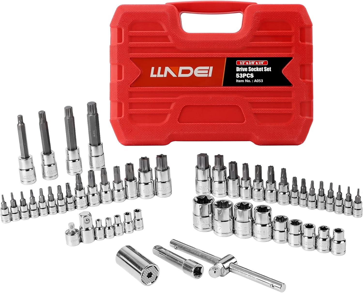 LLNDEI 1/4 3/8 1/2 53PCS Master Bit Socket Set, 6 Point Socket Set Metric, External Torx Sockets Extra Long Spline Tip Universal Socket,CR-V(T8-T70, TT8-TT70, E4-E24, M8-M14)