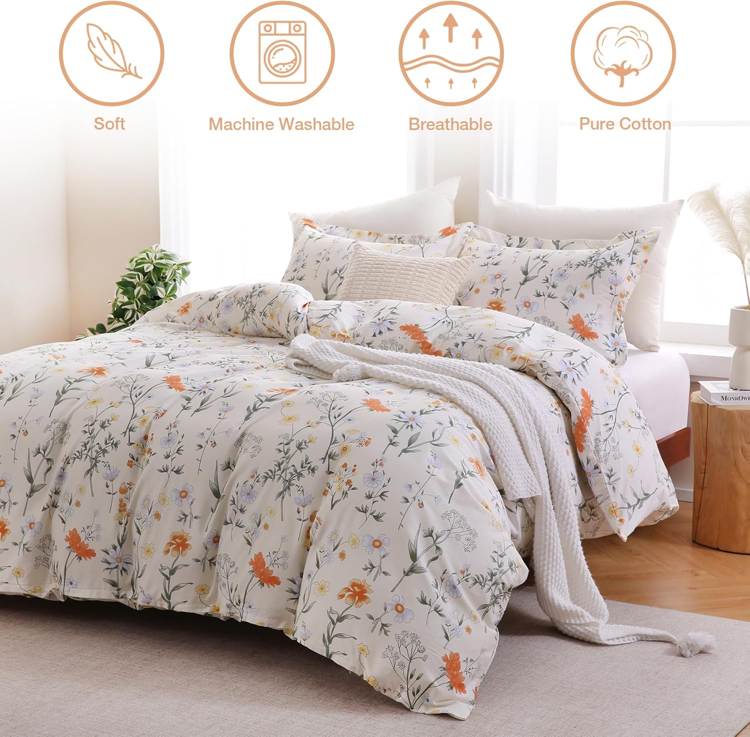 100% Cotton Duvet Cover Queen Size, Floral Reversible Duvet Cover Set with Zipper Closure, Soft 3 Pieces Bedding Set with 2 Pillow Shams (20"x26")