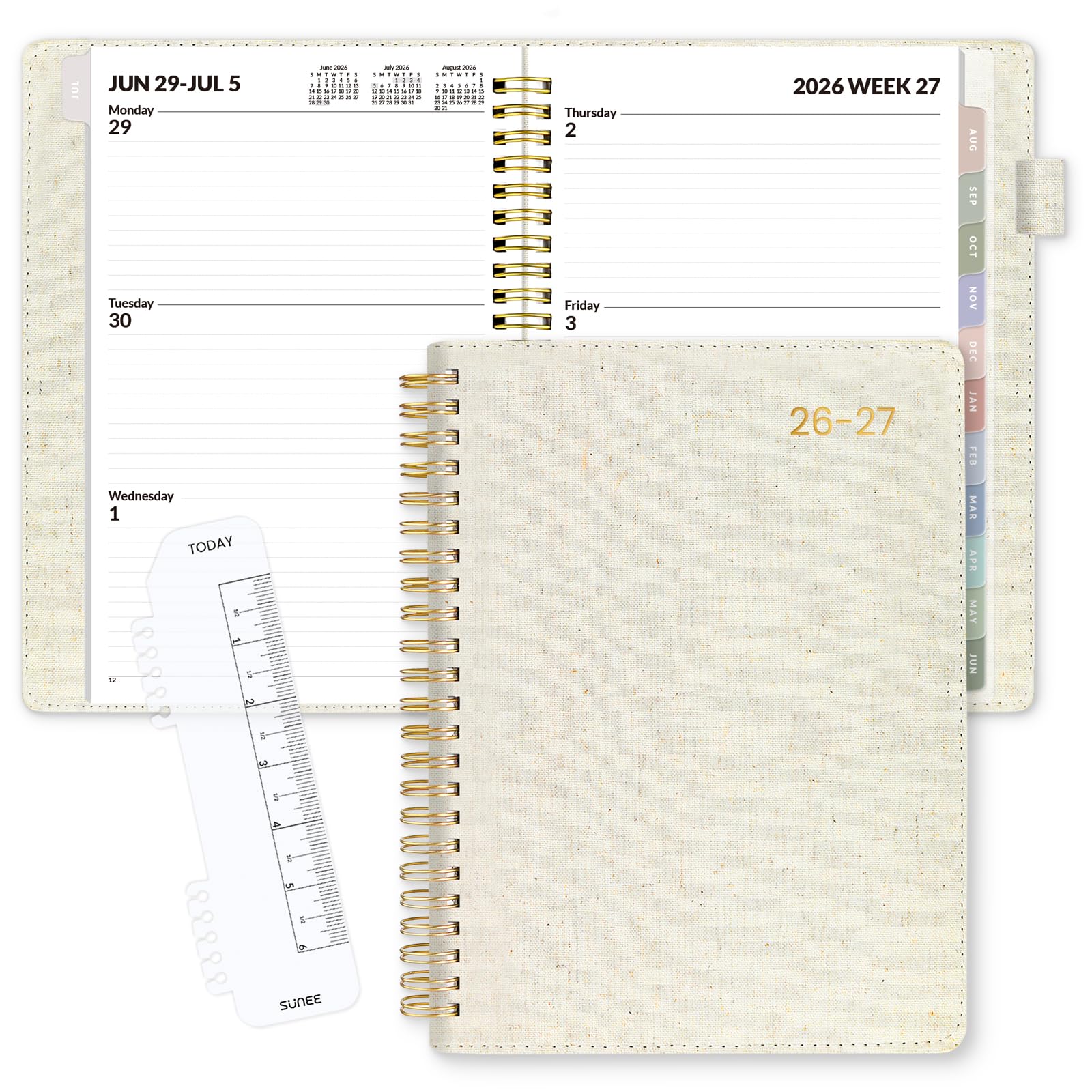 SUNEE Agenda settimanale e mensile 2024-2025 con copertina rigida, 16,3 x 21,6 cm, 12 mesi (luglio 2024 - giugno 2025), copertina in lino, calendario accademico, tasca, appunti, tabulazione mensile,