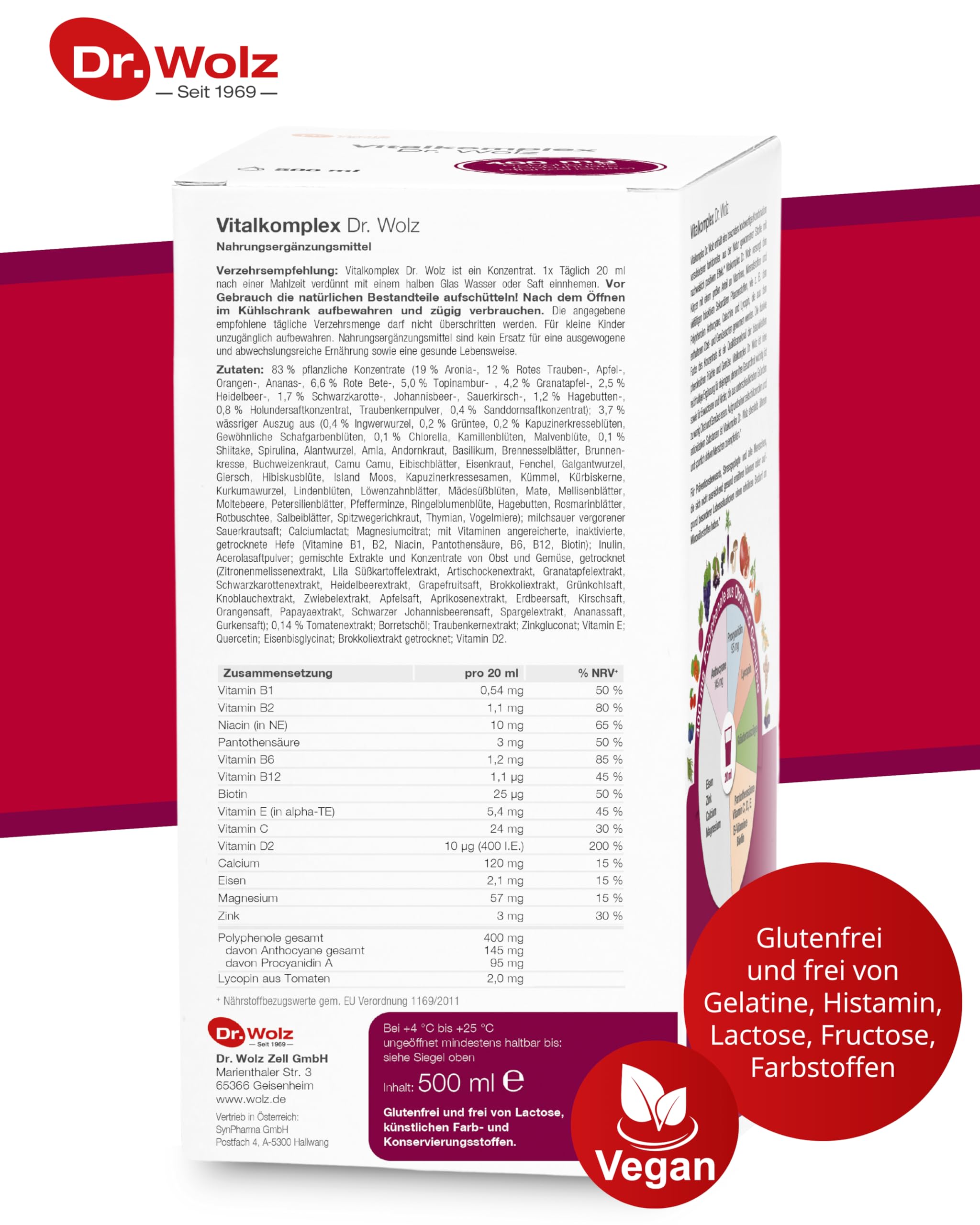 Dr. Wolz Vitalkomplex 500ml Kombipaket mit Obst- und Gemüsenetz - Mikronährstoff-Komplex mit 95 Zutaten - Vitamine, Mineralstoffe, Spurenelemente & Sekundäre Pflanzenstoffe – für Immunsystem- vegan