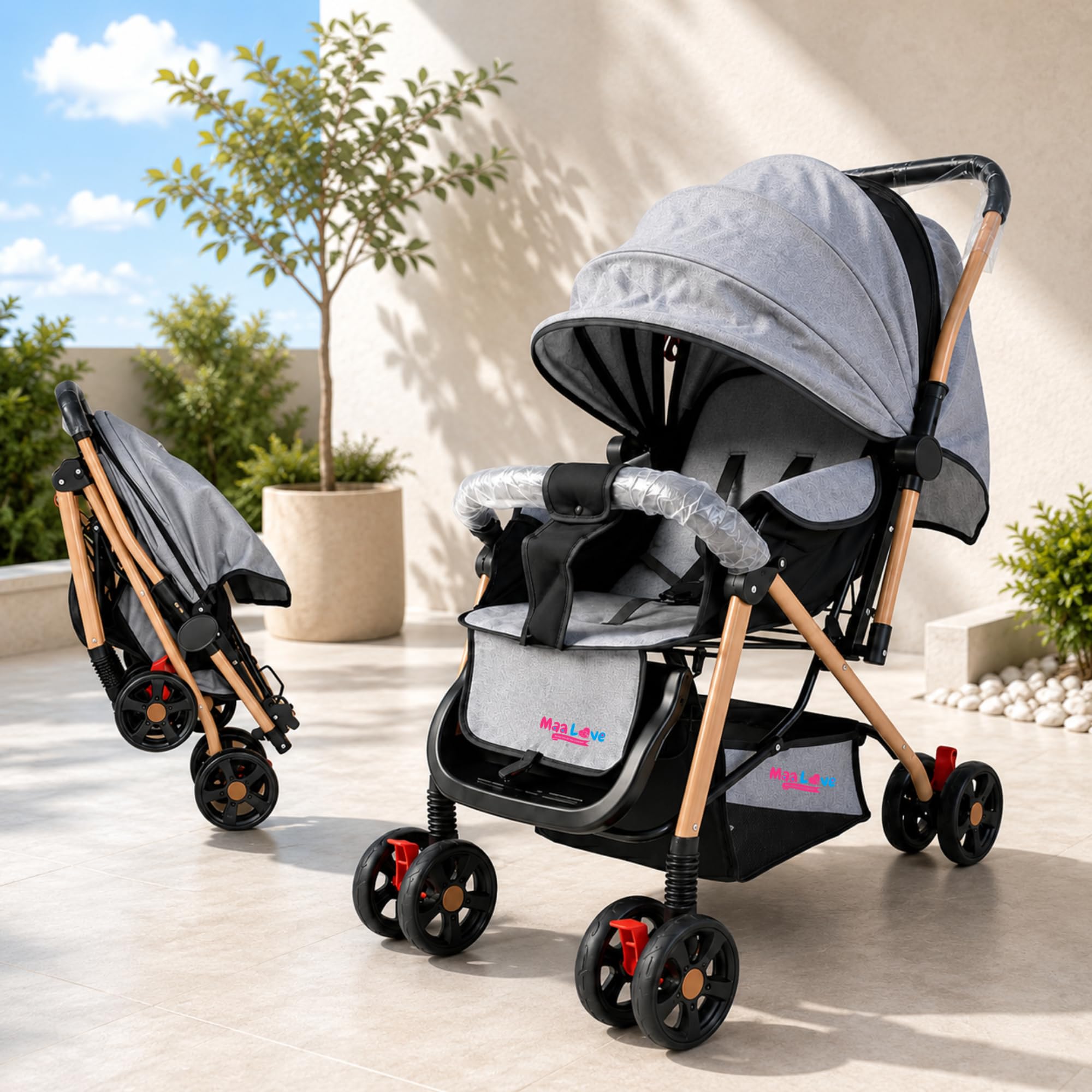Maa Love Baby Stroller – Lightweight, Foldable & Reversible Handle Pram with 360° Rotation ,Adjustable backrest Girl & Boy With Multi -Level Adjustment Adjustable Canopy, Shock-Absorbing Wheels, and Storage Basket (Grey)-image-21