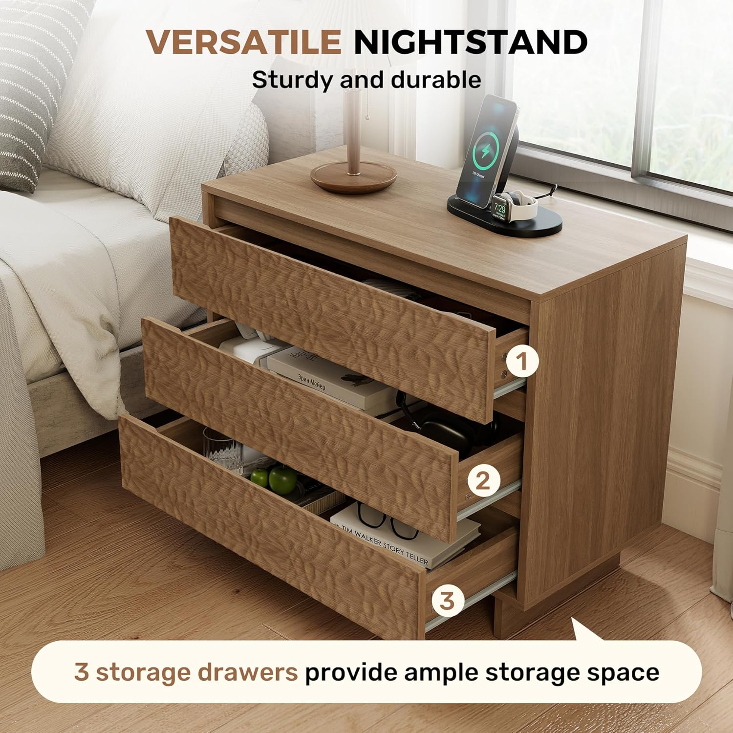Miereirl Night Stand with 3 Drawers, Modern Nightstand with Large Storage, Silent Slides Charging Station Bedside Table, Walnut Oak