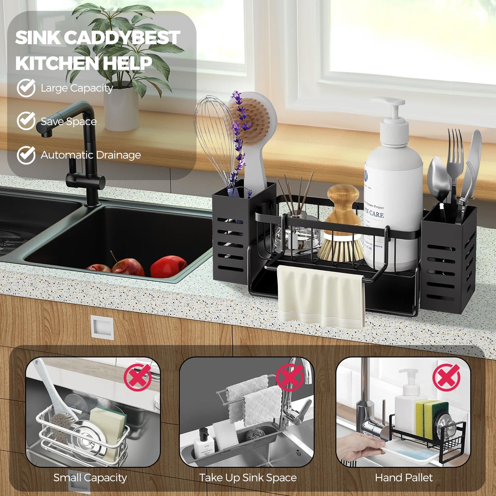HIYAA Organizzazione e conservazione della cucina, organizzatore lavello cucina con vassoio di flusso automatico, porta spugna lavello cucina con porta asciugamani-nero