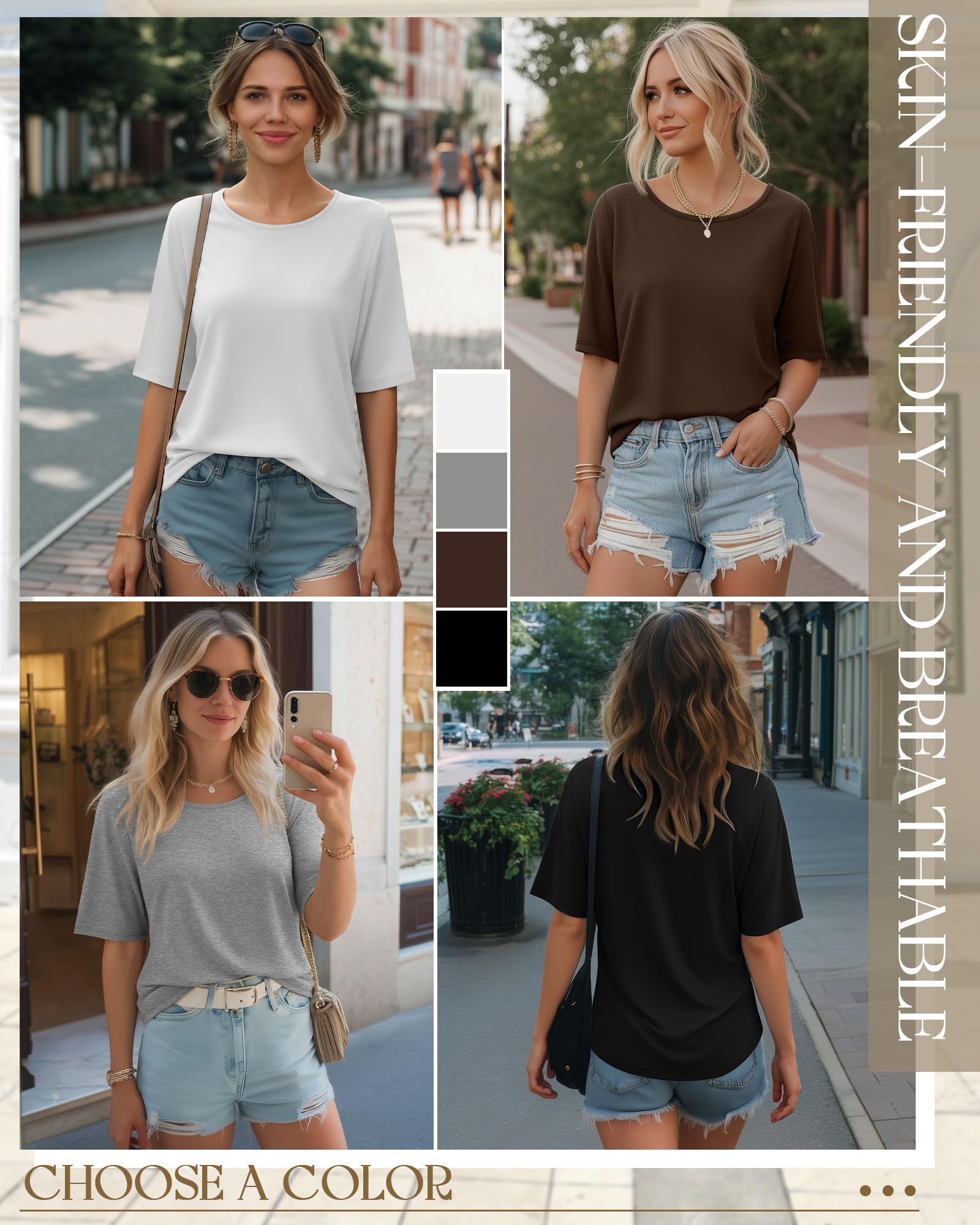 Neer Confezione da 4 Top da Donna a Mezza Manica, Lunghezza al Gomito, Oversize, Girocollo, Top Casual Estivi.