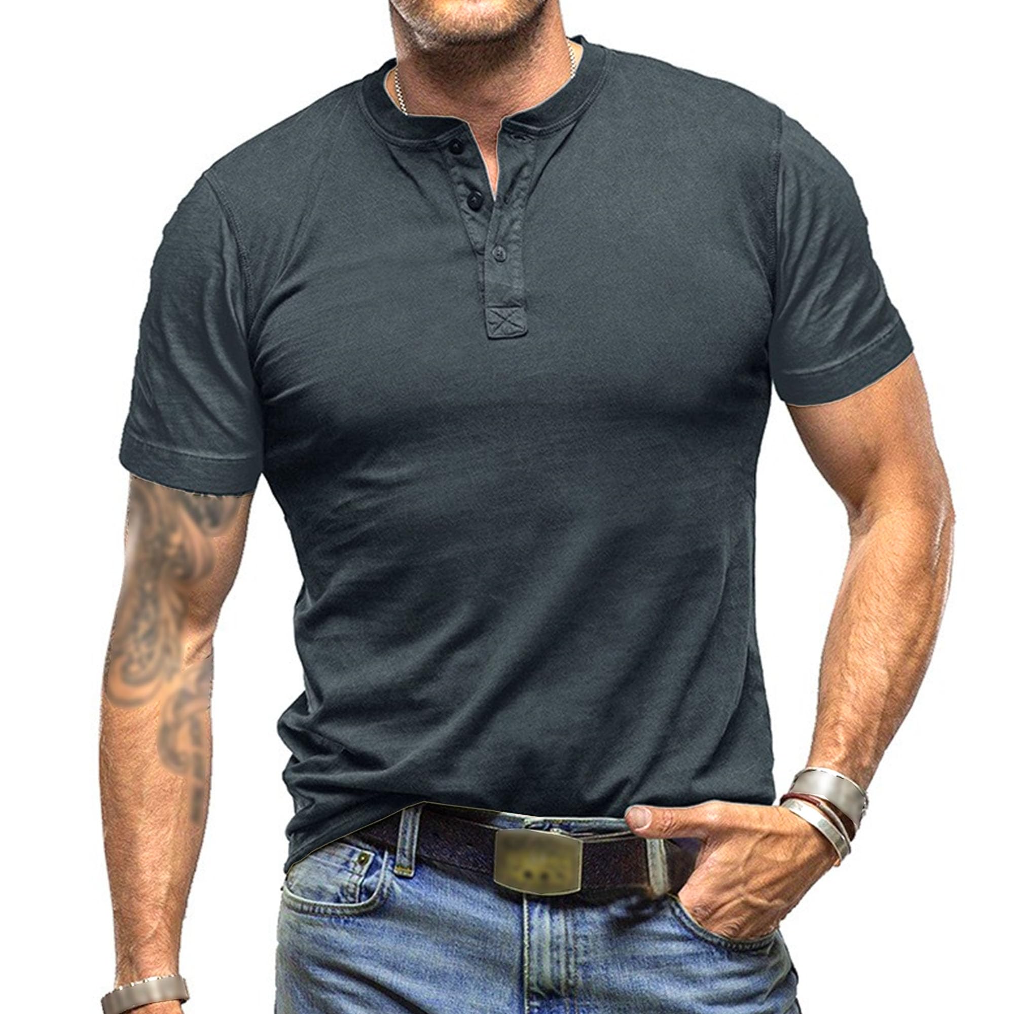Men Thin Round Collar Henry Shirts Quarter Button Comfy Outdoor T Shirts Summer Ordinary Casual Short Sleeve Tops (Blue Grey,X-Large)