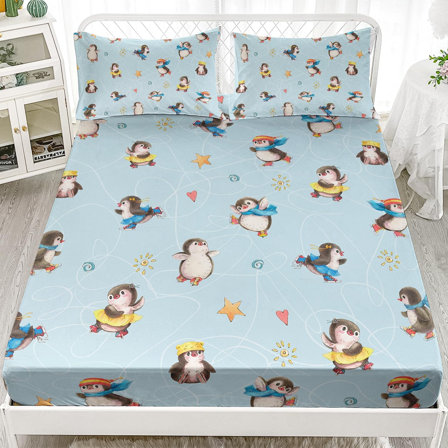 AILONEN Penguin Fitted Sheet Set Queen Size, Antarctic Animals Bed Sheet Set,Cute Penguin Ice-Skating Print Bedding Set,Blue Cartoon Sheets 3 Pieces, 1 Fitted Sheet and 2 Pillowcases