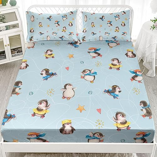 AILONEN Juego de sábanas bajeras de pingüino, tamaño individual, juego de sábanas de animales antárticos, lindo juego de ropa de cama con estampado