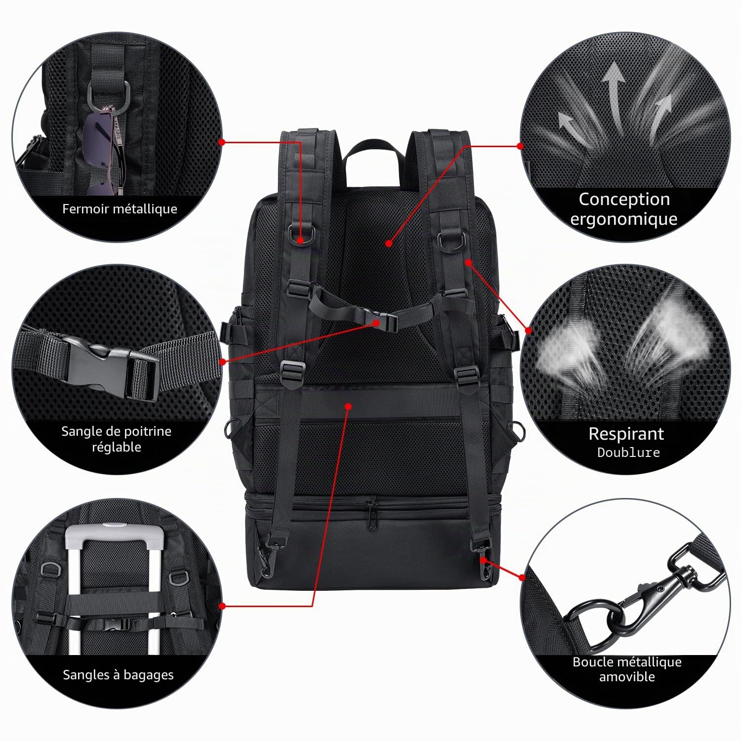 BERTASCHE Sac à dos pour ordinateur portable 17" avec sac isotherme 2 en 1 pour homme, travail, université, pique-nique, militaire, noir, Noir